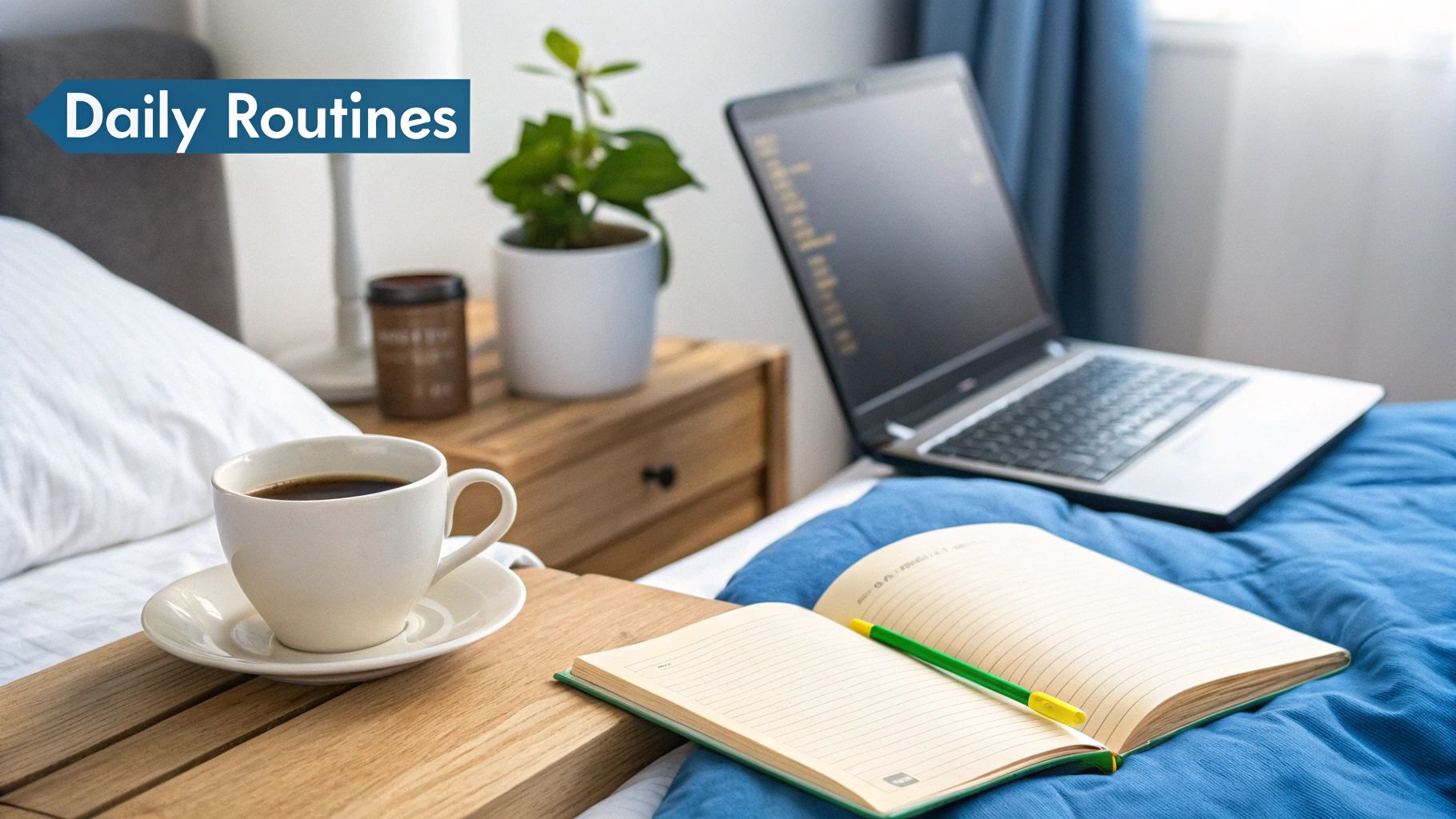 A person sitting in a calm, organized home office space with a cup of coffee, looking out the window as the sun rises.