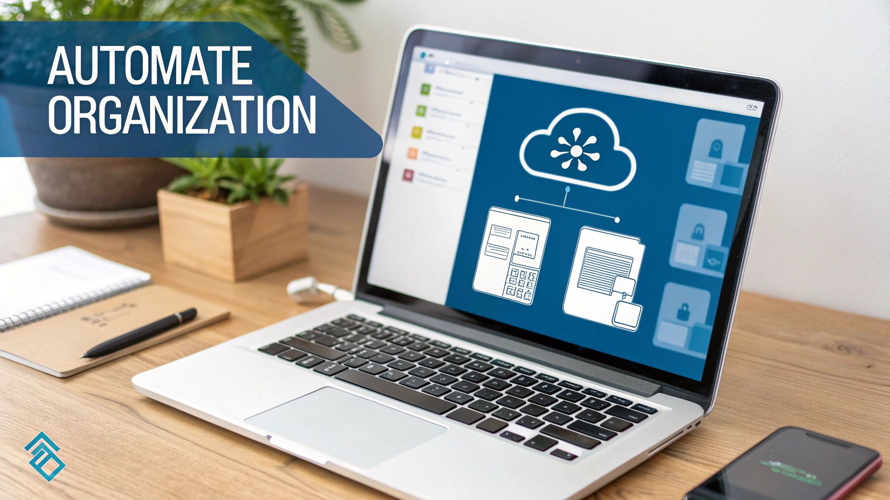 A laptop on a wooden desk displays a cloud icon and digital files, with text 'Automate Organization'.