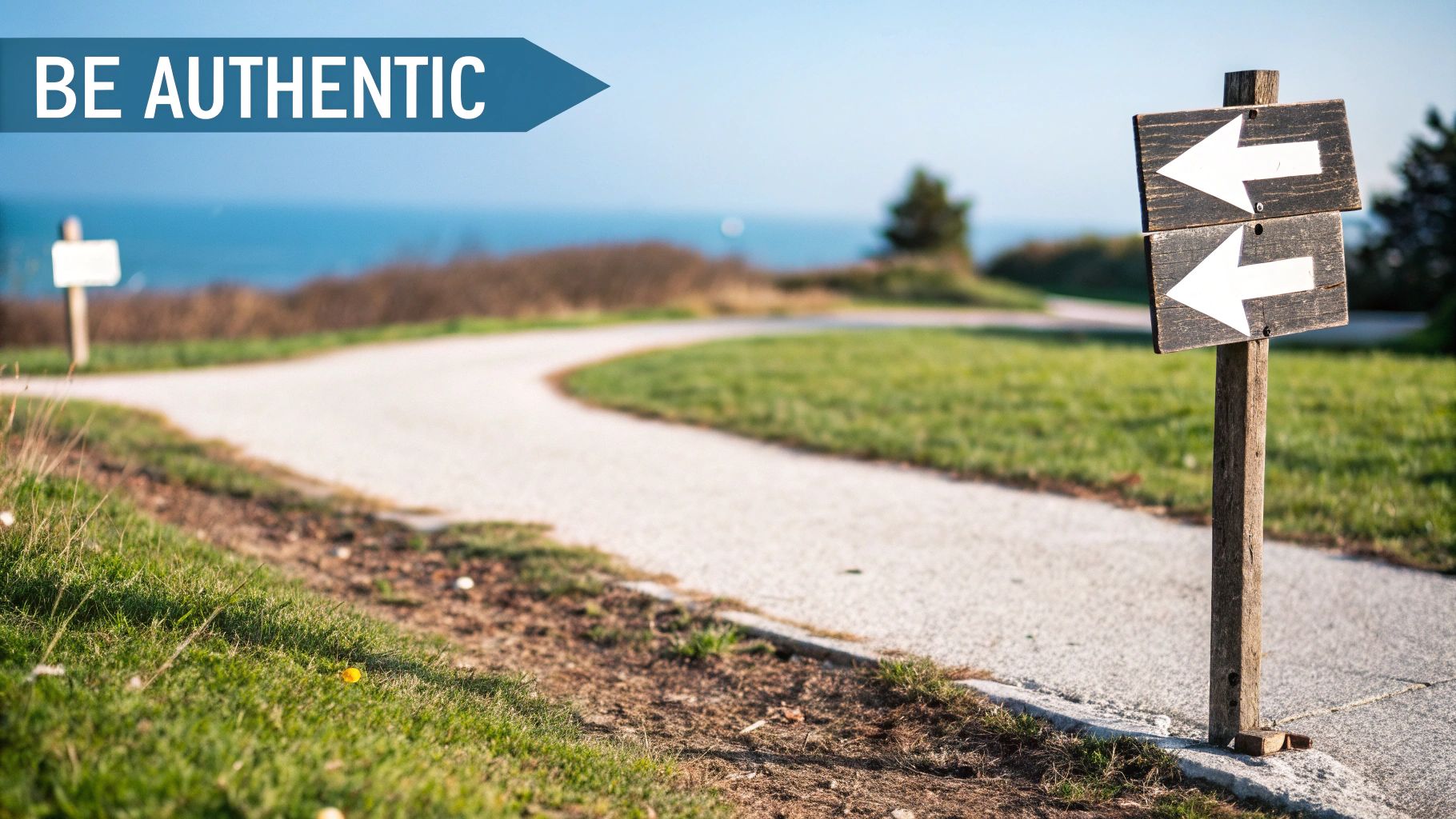 A winding path by the sea, with a sign pointing left, and text 'BE AUTHENTIC' overlay.