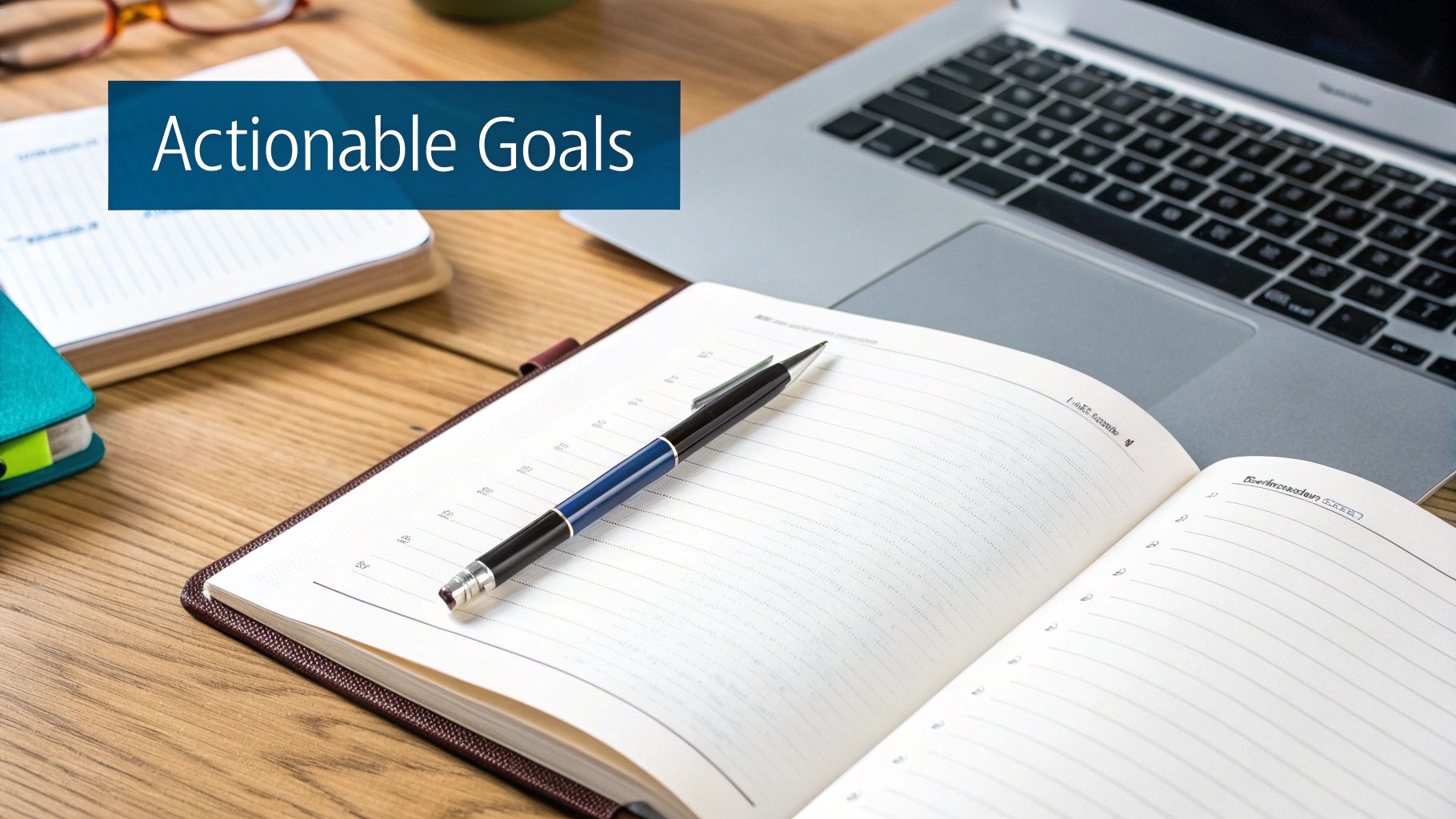 An open planner with a pen, laptop, and glasses on a wooden desk, with 'Actionable Goals' text.