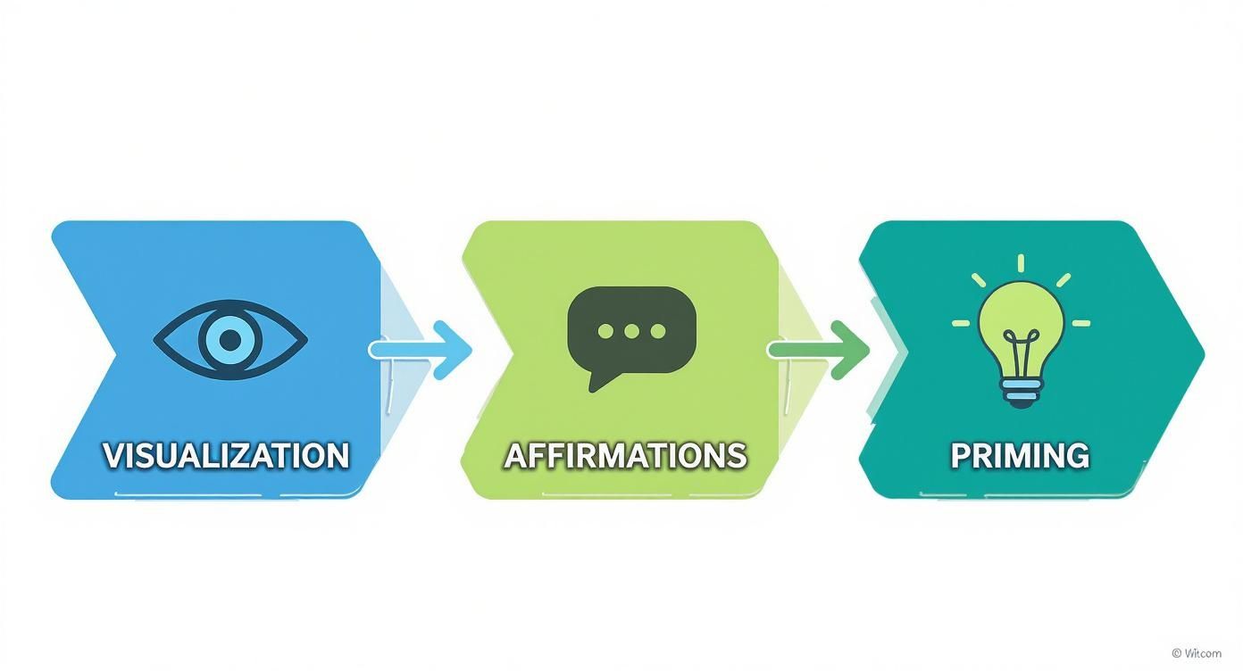 A three-step diagram illustrating Visualization, Affirmations, and Priming as a mental process.
