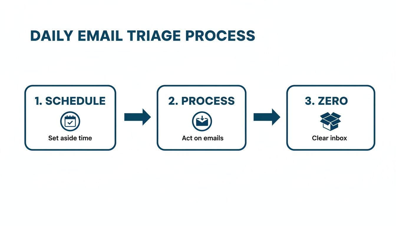 A three-step diagram outlining the daily email triage process: schedule, process, and achieve zero inbox.