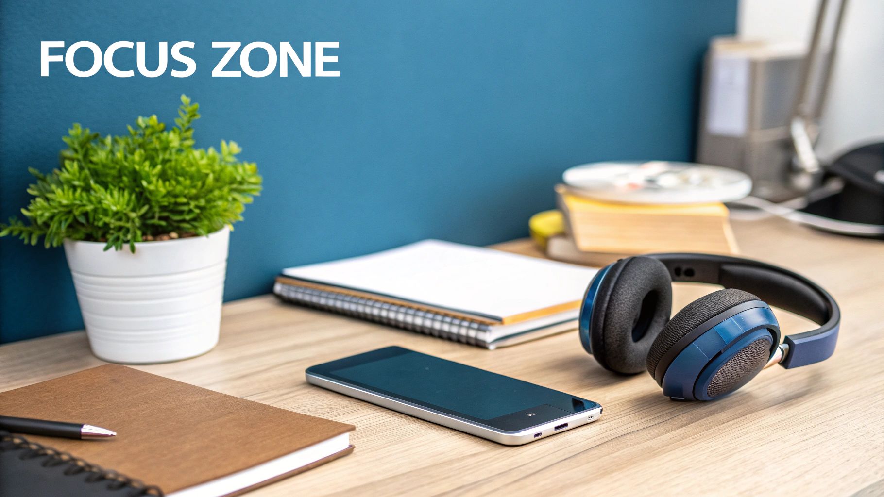 A clean desk workspace with a plant, notebooks, phone, and blue headphones, labeled 'FOCUS ZONE'.
