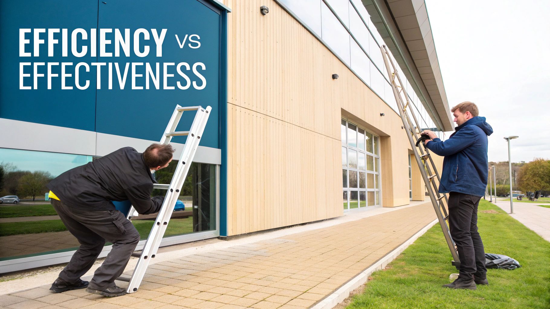 Two men with ladders, one struggles with a short ladder while the other prepares a longer one, illustrating efficiency versus effectiveness.