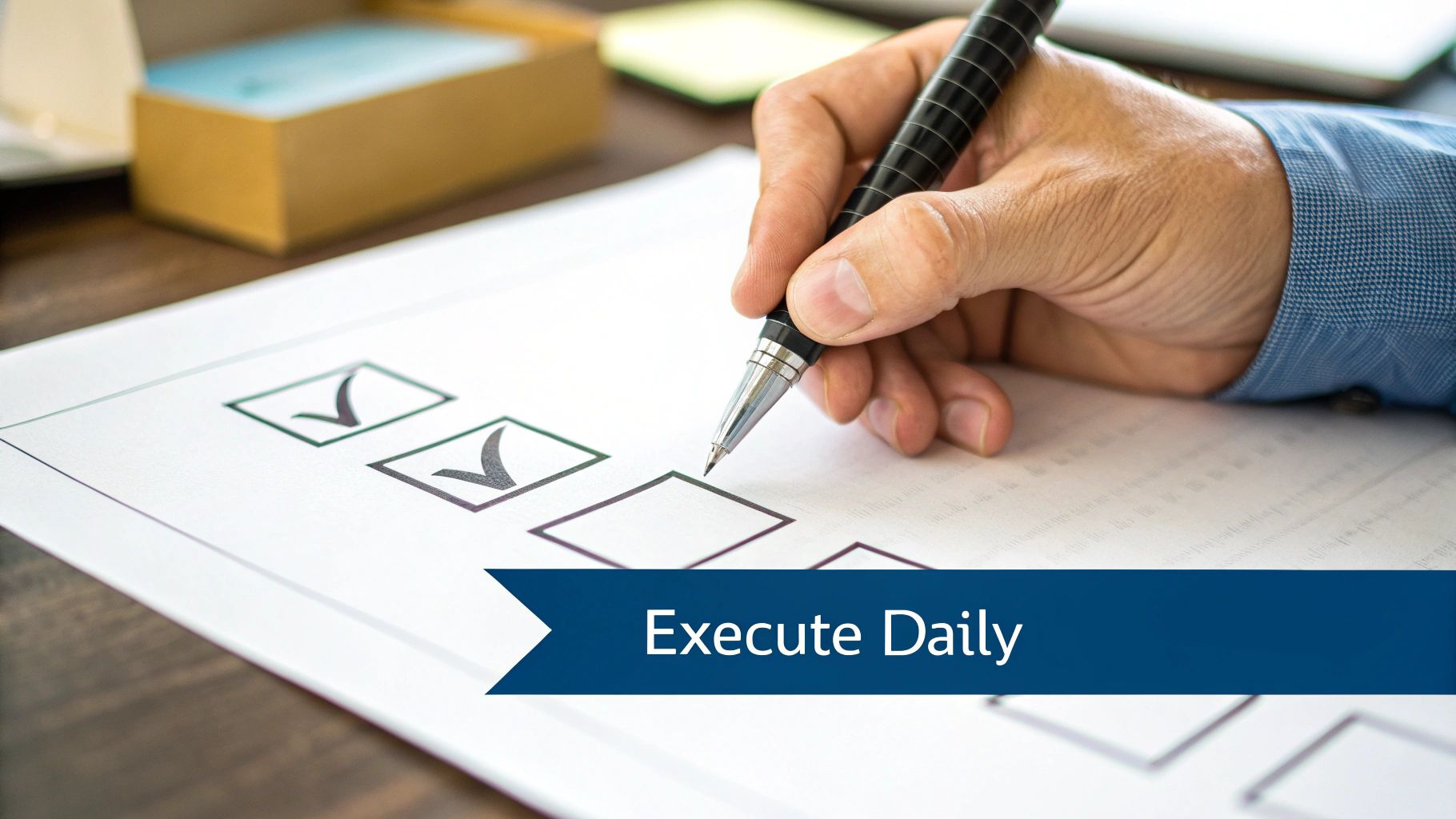 A person's hand holds a pen, checking a box on a checklist with 'Execute Daily' banner.