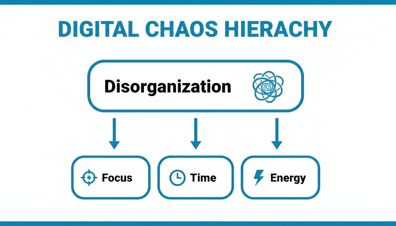 A flowchart titled 'Digital Chaos Hierarchy' illustrating disorganization leading to loss of focus, time, and energy.