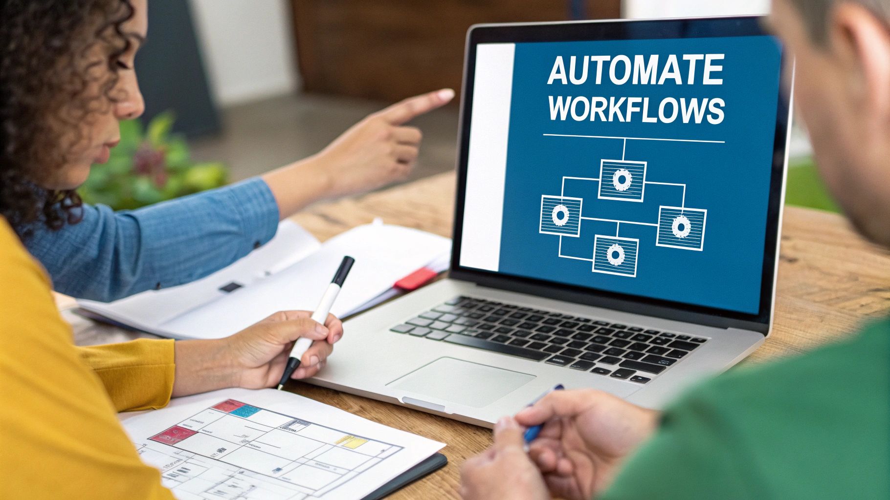 Colleagues analyze workflow automation on a laptop screen, collaborating on business systems and processes.