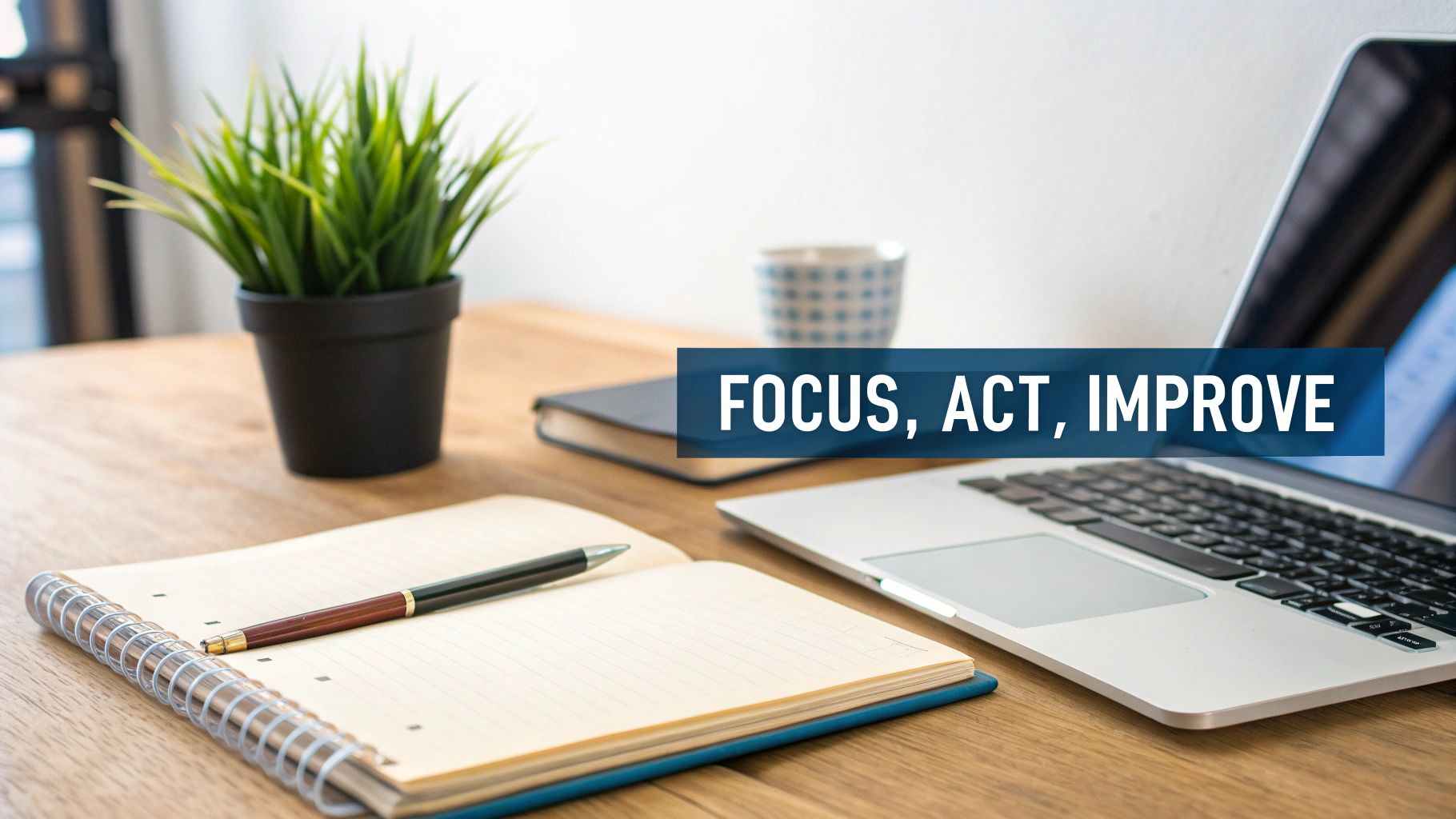 A productive workspace showing a laptop, open notebook, pen, and plant, with an inspirational message.