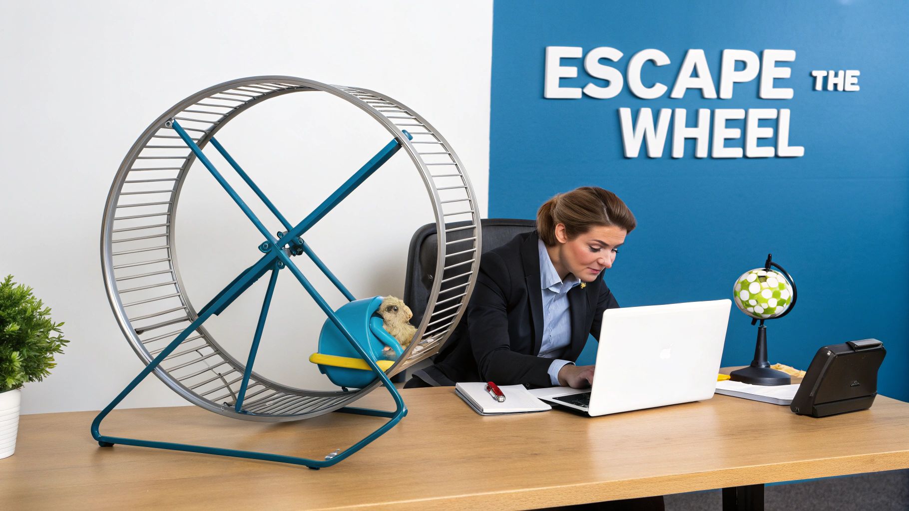 A woman works on a laptop next to a giant hamster wheel with a hamster, promoting 'escape the wheel'.