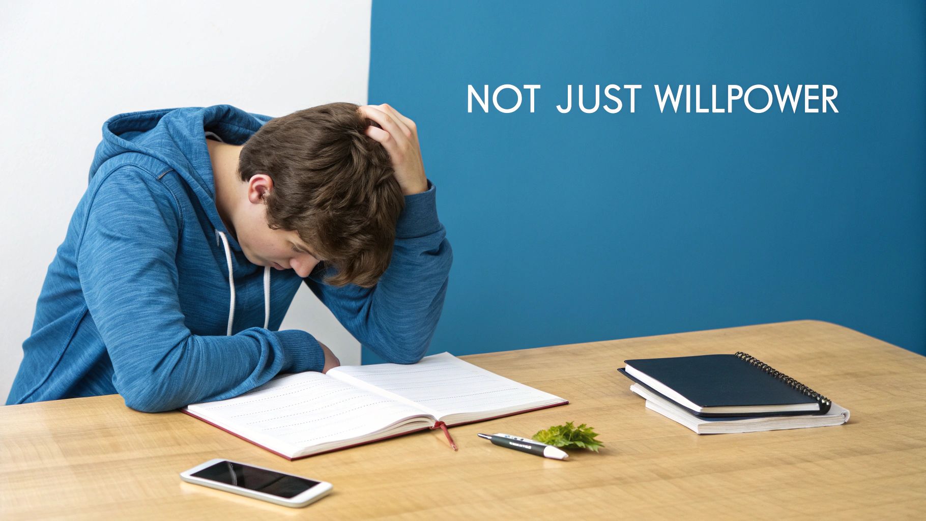 A distressed student in a blue hoodie holds their head at a desk with study materials.