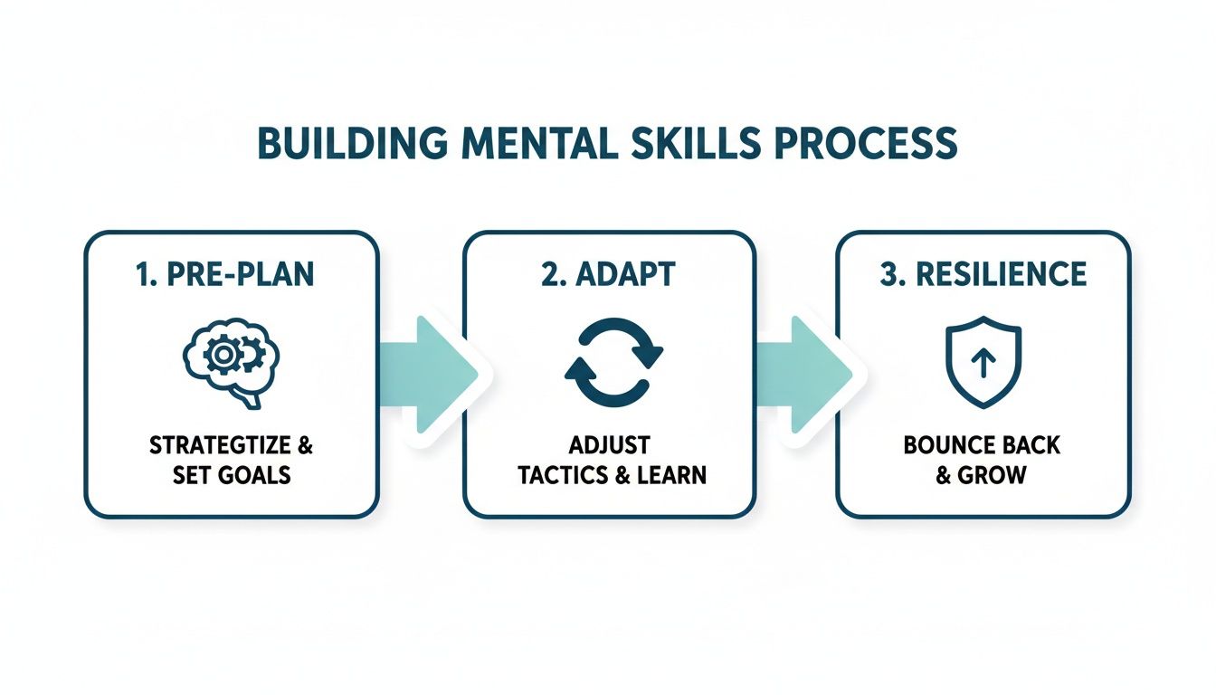 A three-step process for building mental skills, showing pre-plan, adapt, and resilience stages.