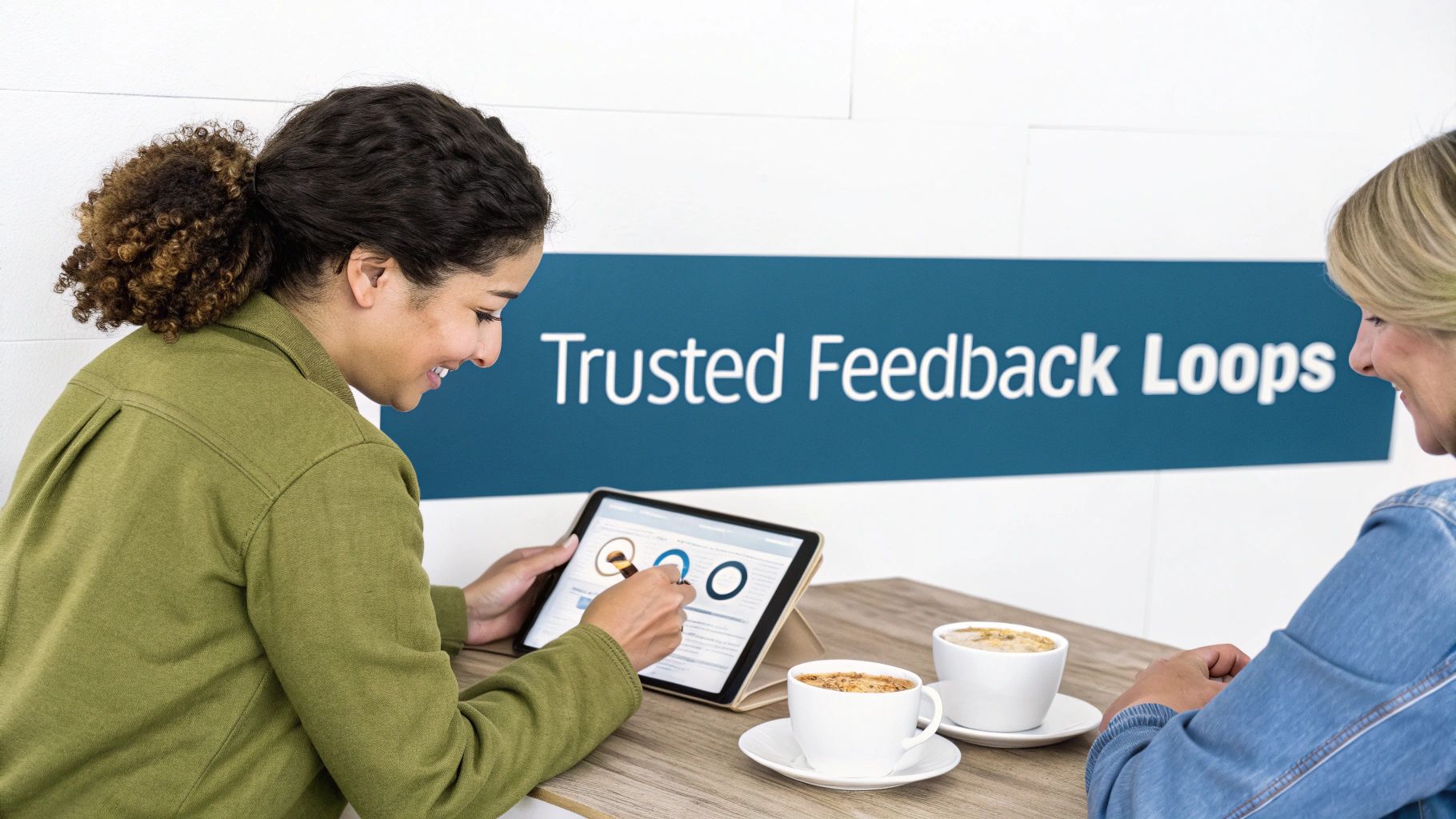 Smiling woman uses a stylus on a tablet displaying charts, with 'Trusted Feedback Loops' banner.
