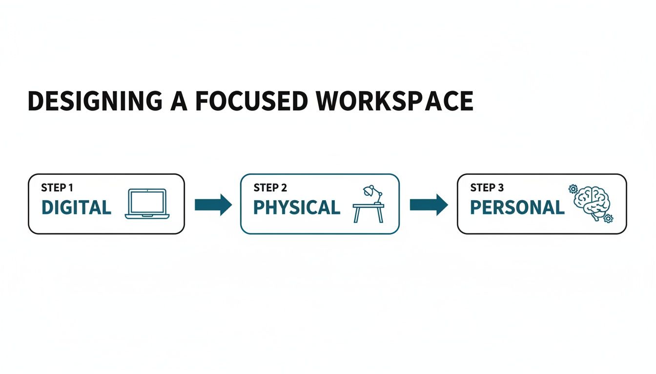 Infographic illustrating a three-step process for designing a focused workspace: Digital, Physical, and Personal.