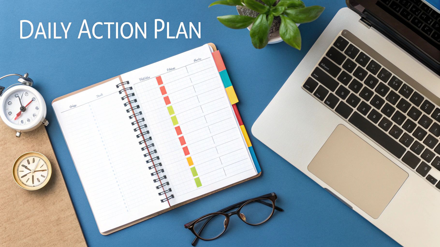 A person sitting at a desk with a laptop and a notebook, creating a daily plan with a focused expression.