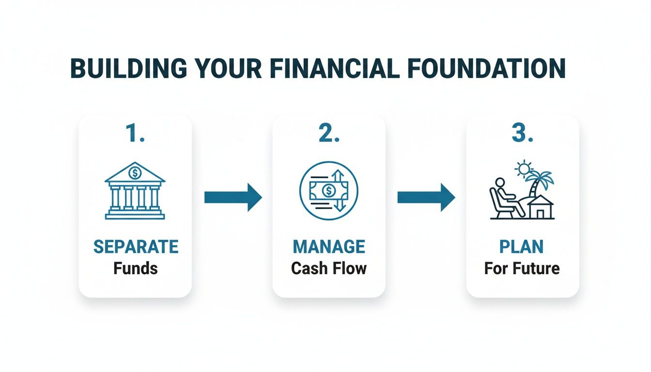 Infographic illustrating three steps to build a financial foundation: separate funds, manage cash flow, and plan for future.