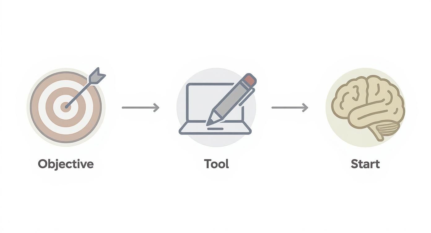 Process diagram showing objective, creative tool (laptop with pencil), and brain for starting new ideas.