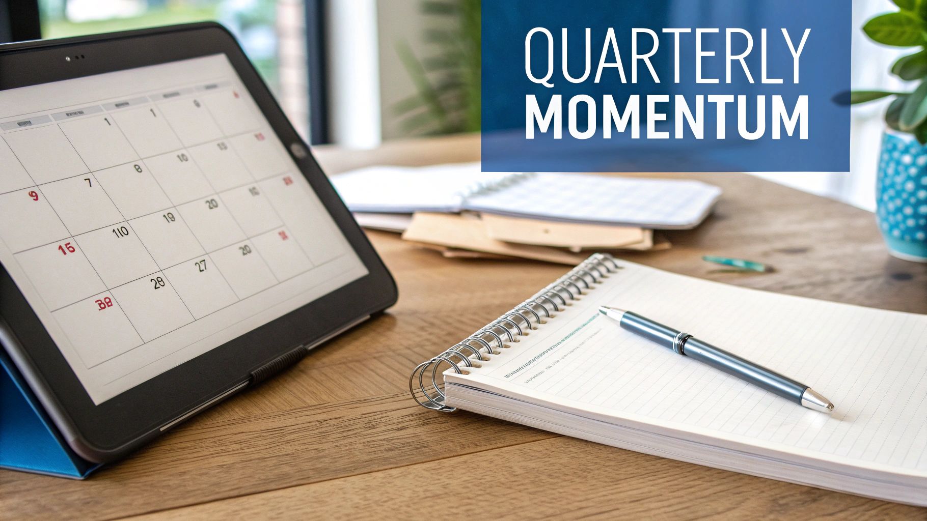 A tablet with a calendar, a notebook, and a pen on a desk with a 'Quarterly Momentum' text overlay.