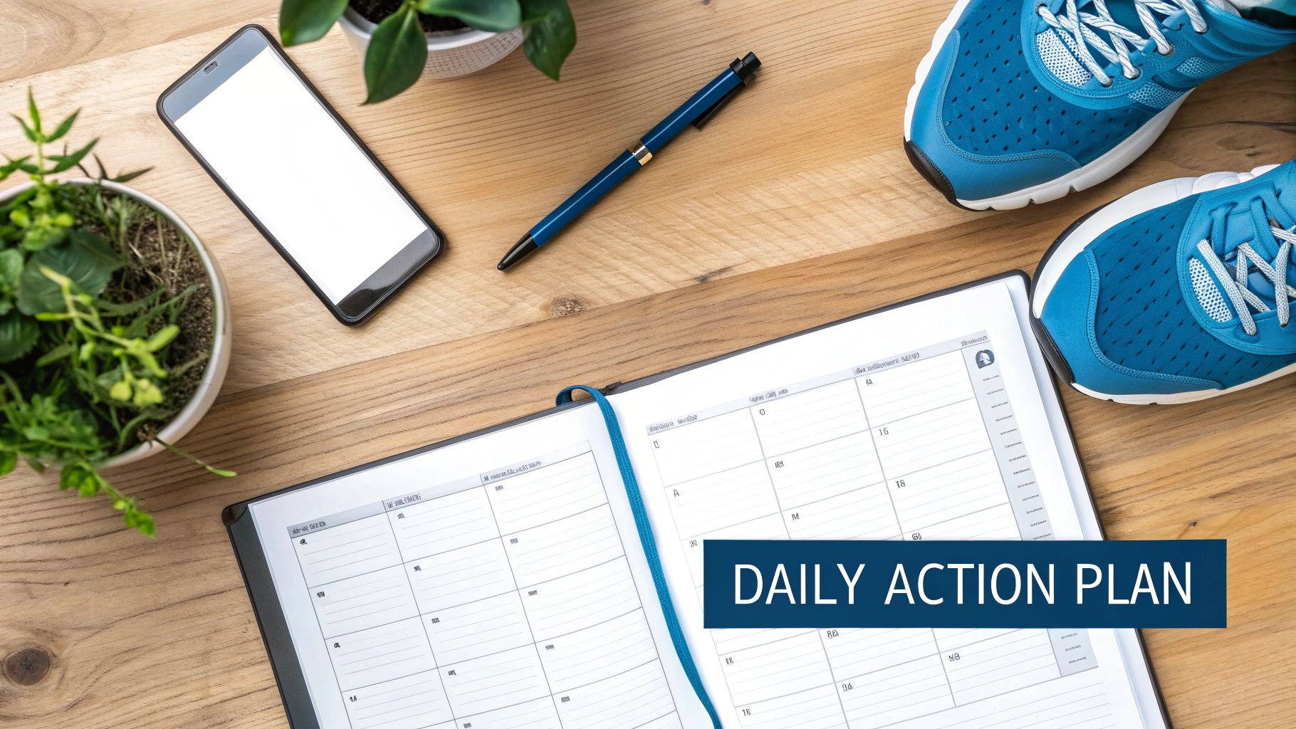 A top-down view of a desk with a daily planner, pen, smartphone, plants, and running shoes.