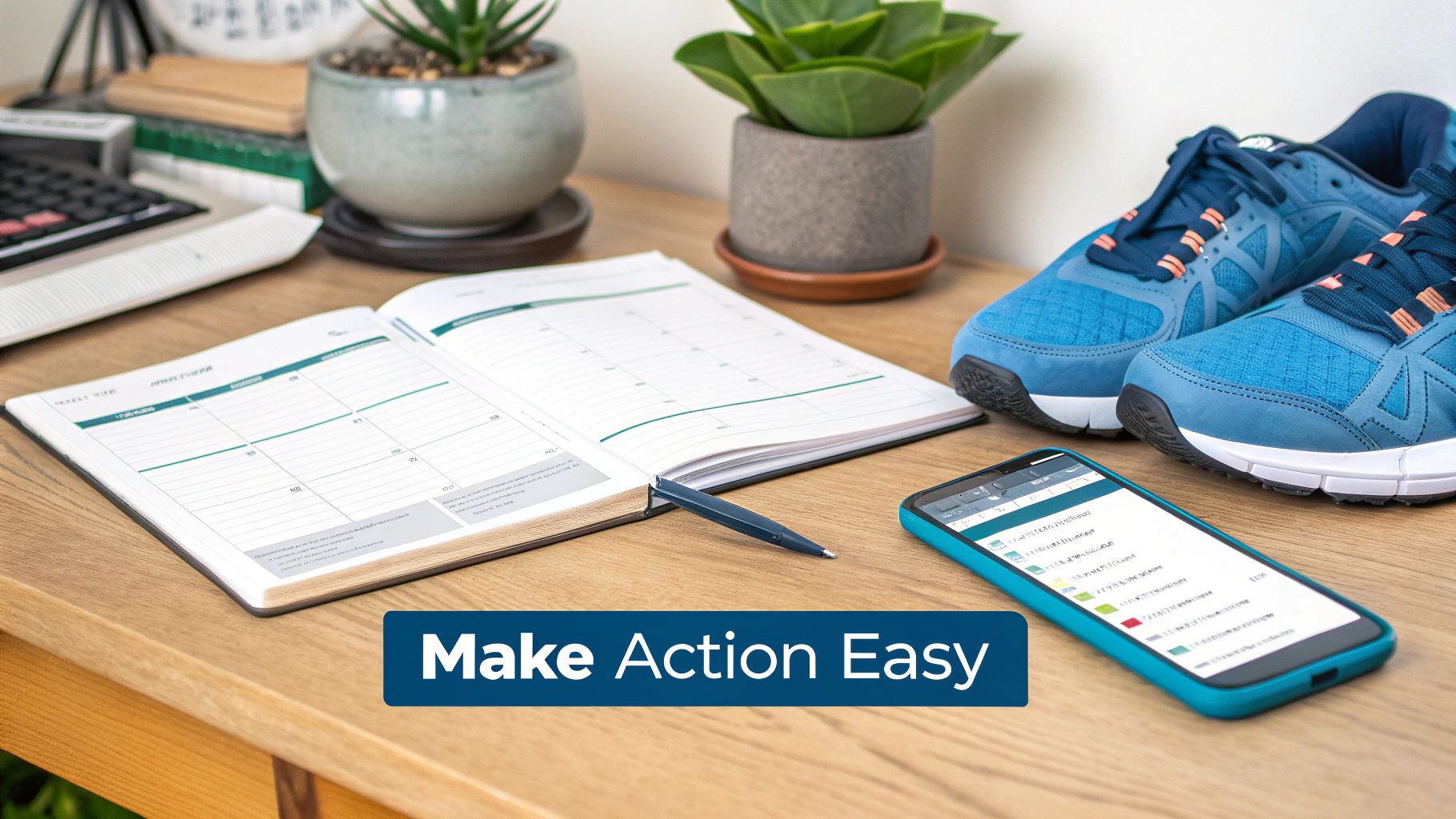 A person's desk organized with a laptop, planner, and plant, representing a well-designed system for action.