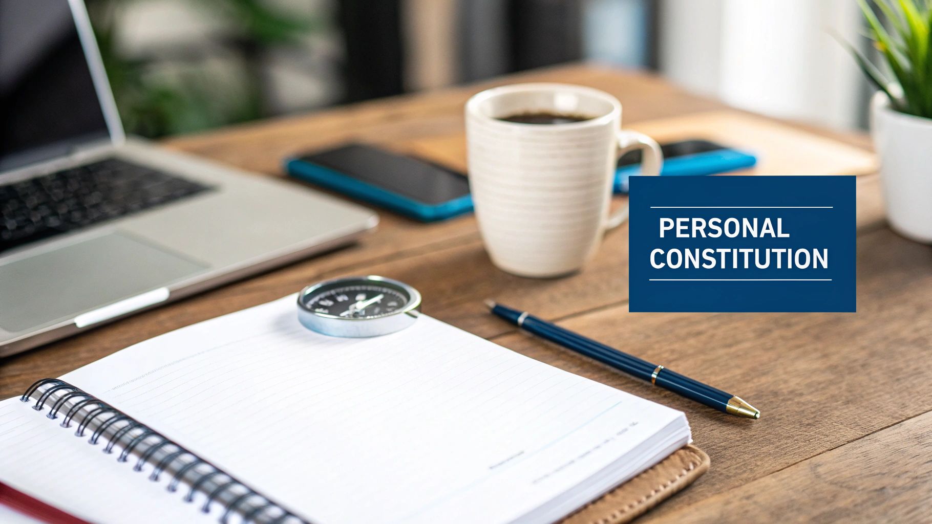 A wooden desk with a laptop, coffee, notebook, compass, and pen, next to a 'PERSONAL CONSTITUTION' sign.