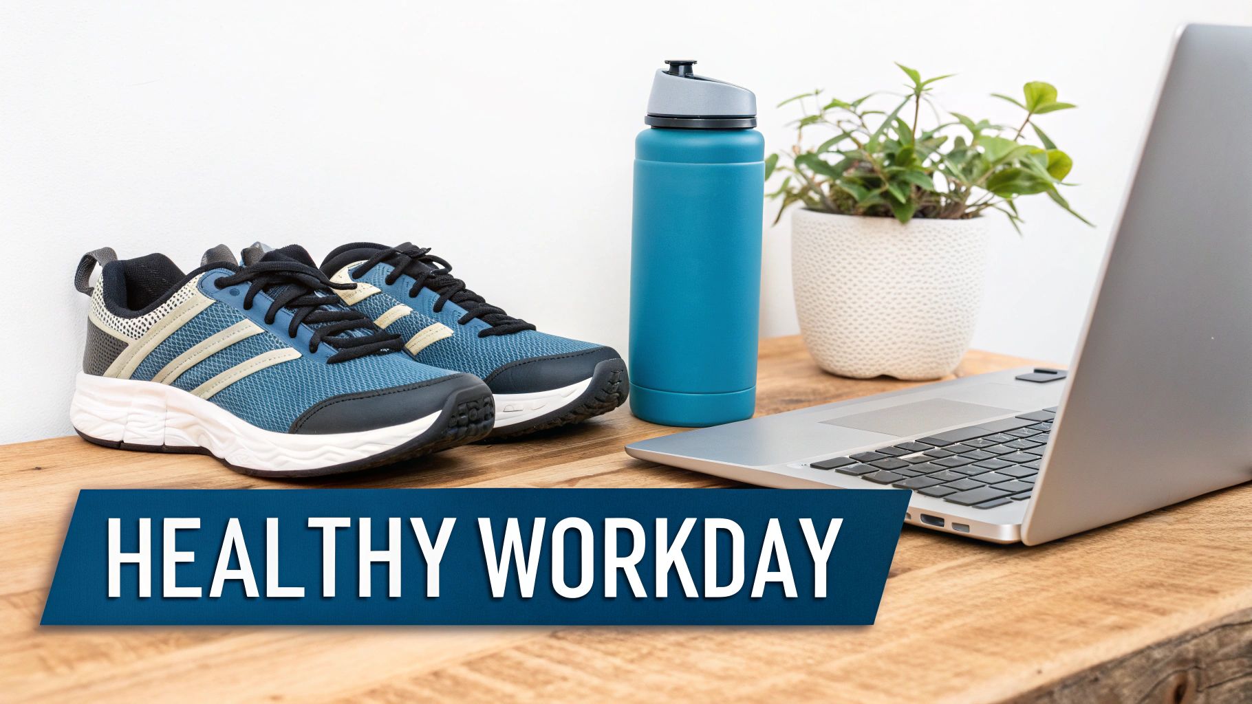 Blue athletic shoes, a teal water bottle, and a laptop on a wooden desk, promoting a healthy workday.