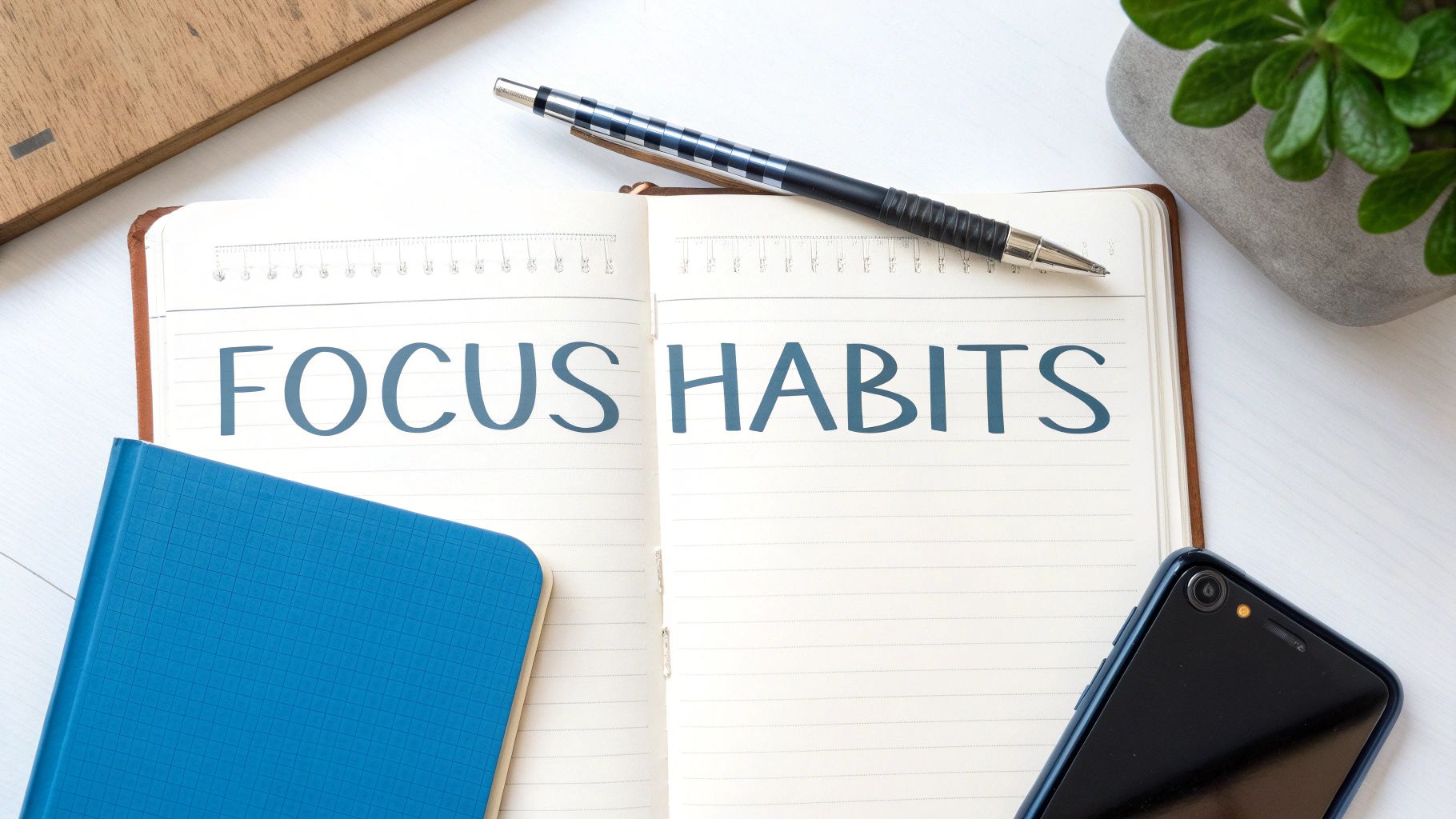 Open notebook with 'FOCUS HABITS' written on pages, surrounded by a pen, a blue journal, and a phone.