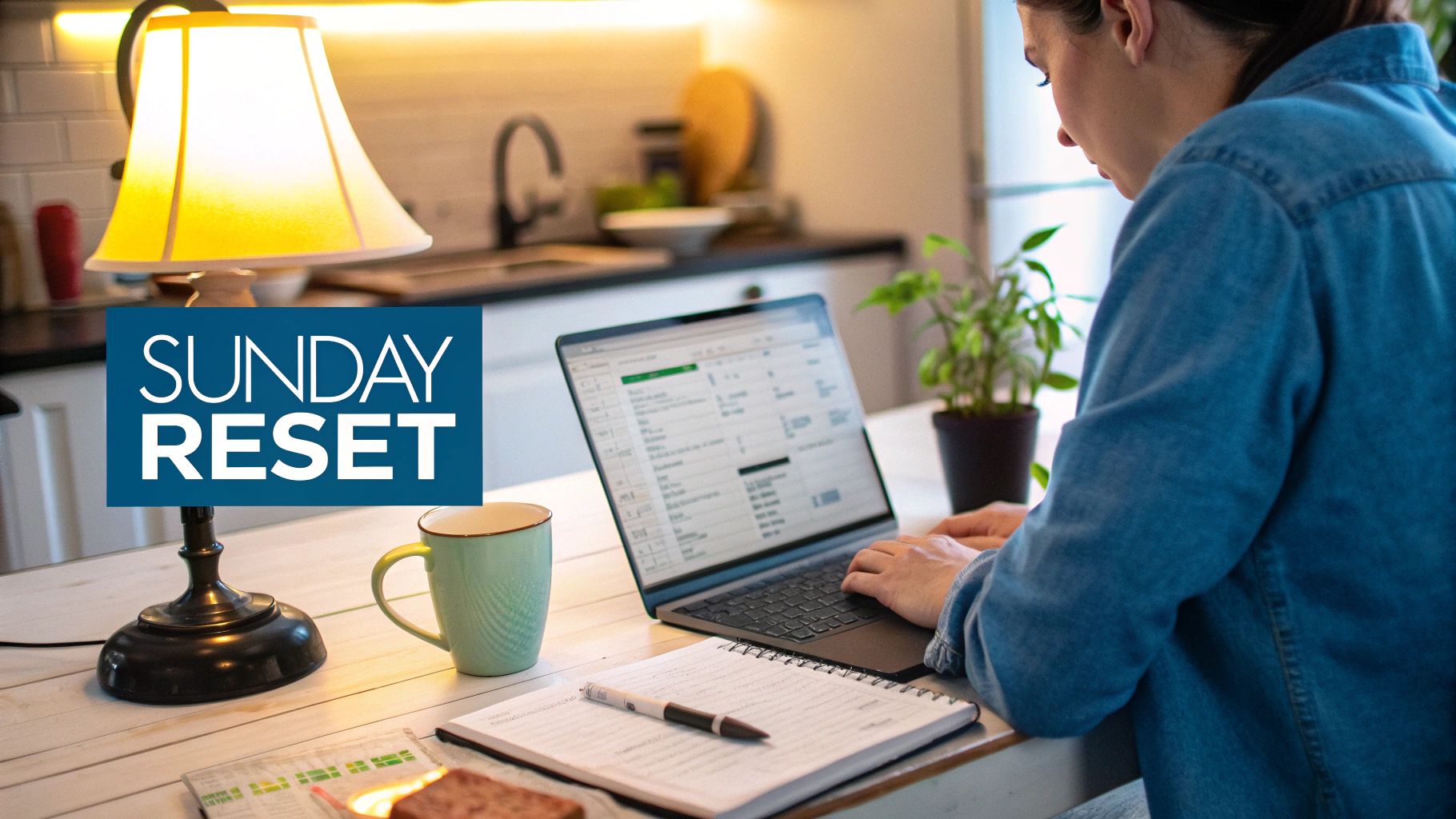 A woman works on a laptop at a table with a lamp, mug, and notebook, with 'Sunday Reset' text.