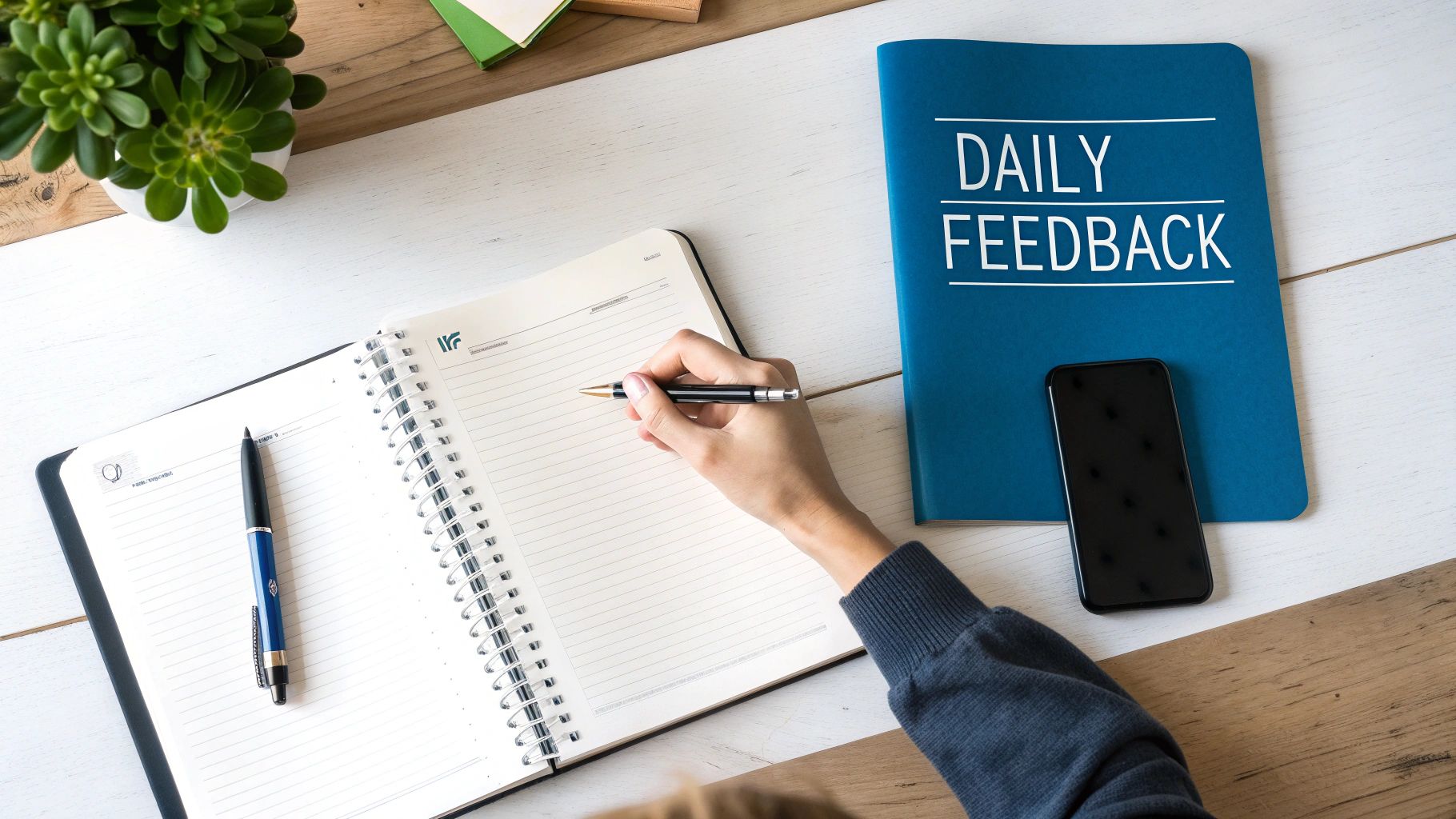 A hand writes in a spiral notebook, beside a 'Daily Feedback' journal and smartphone on a wooden desk.