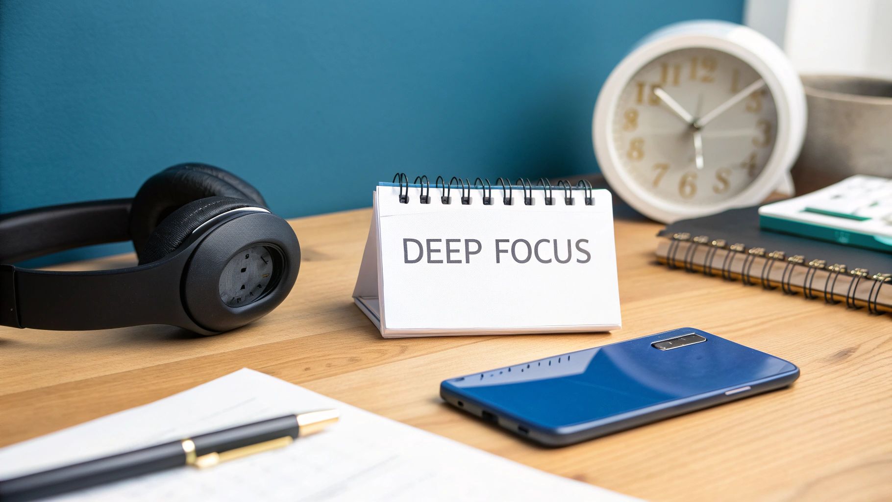 A desk setup with headphones, a 'DEEP FOCUS' calendar, smartphone, pen, and clock.
