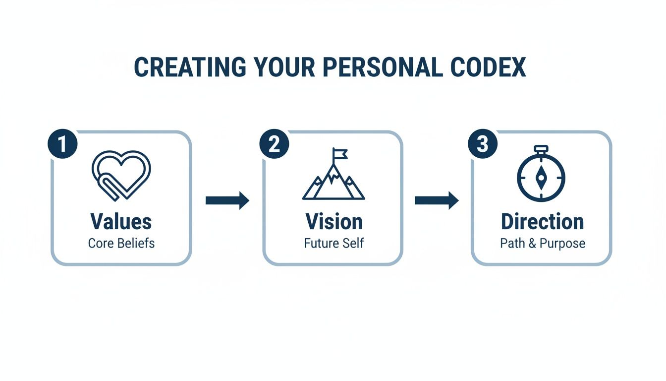 A three-step diagram outlining how to create a personal codex with values, vision, and direction.