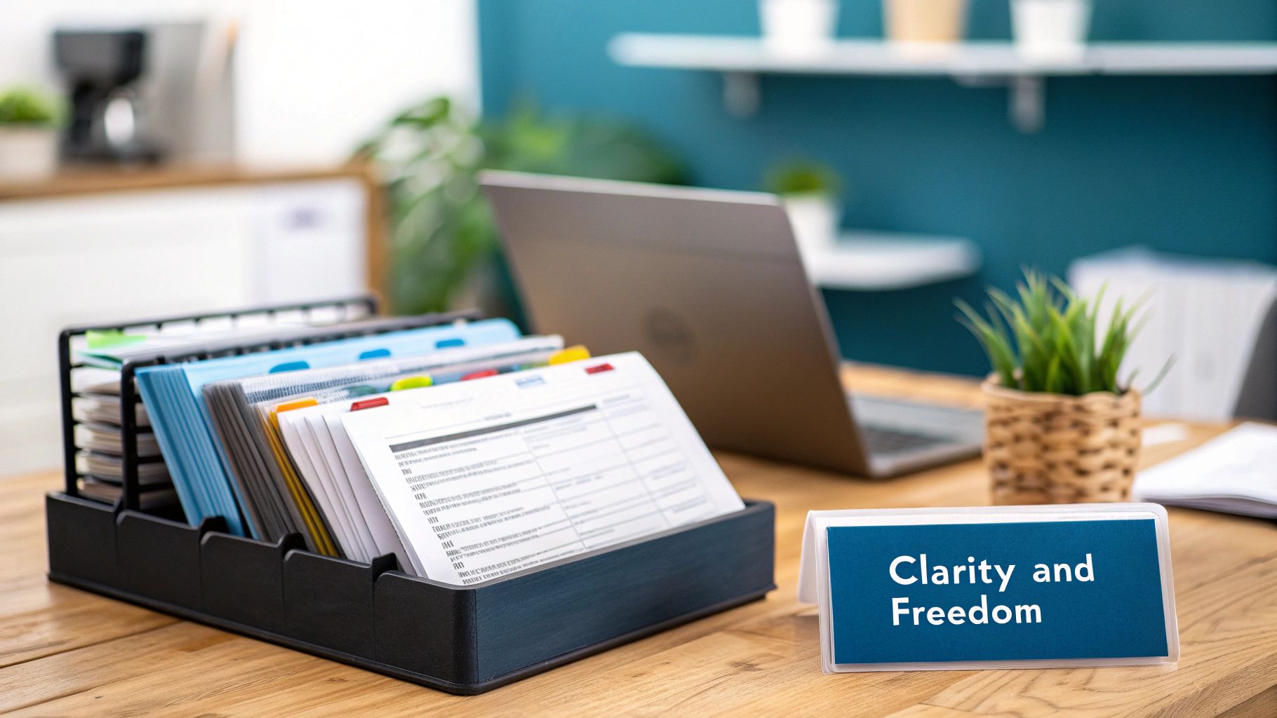 An organized office desk with a document sorter, files, a laptop, and a sign reading 'Clarity and Freedom'.