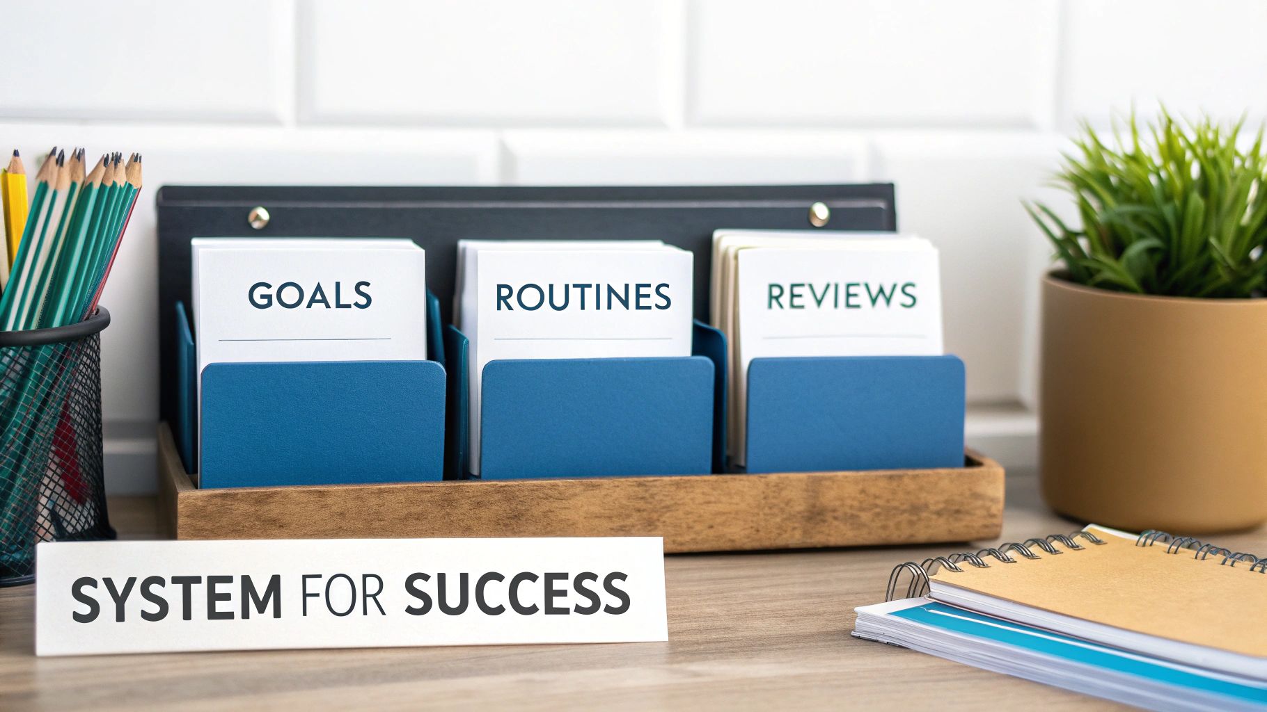 A desk setup featuring 'GOALS', 'ROUTINES', 'REVIEWS' cards, and a 'SYSTEM FOR SUCCESS' sign.