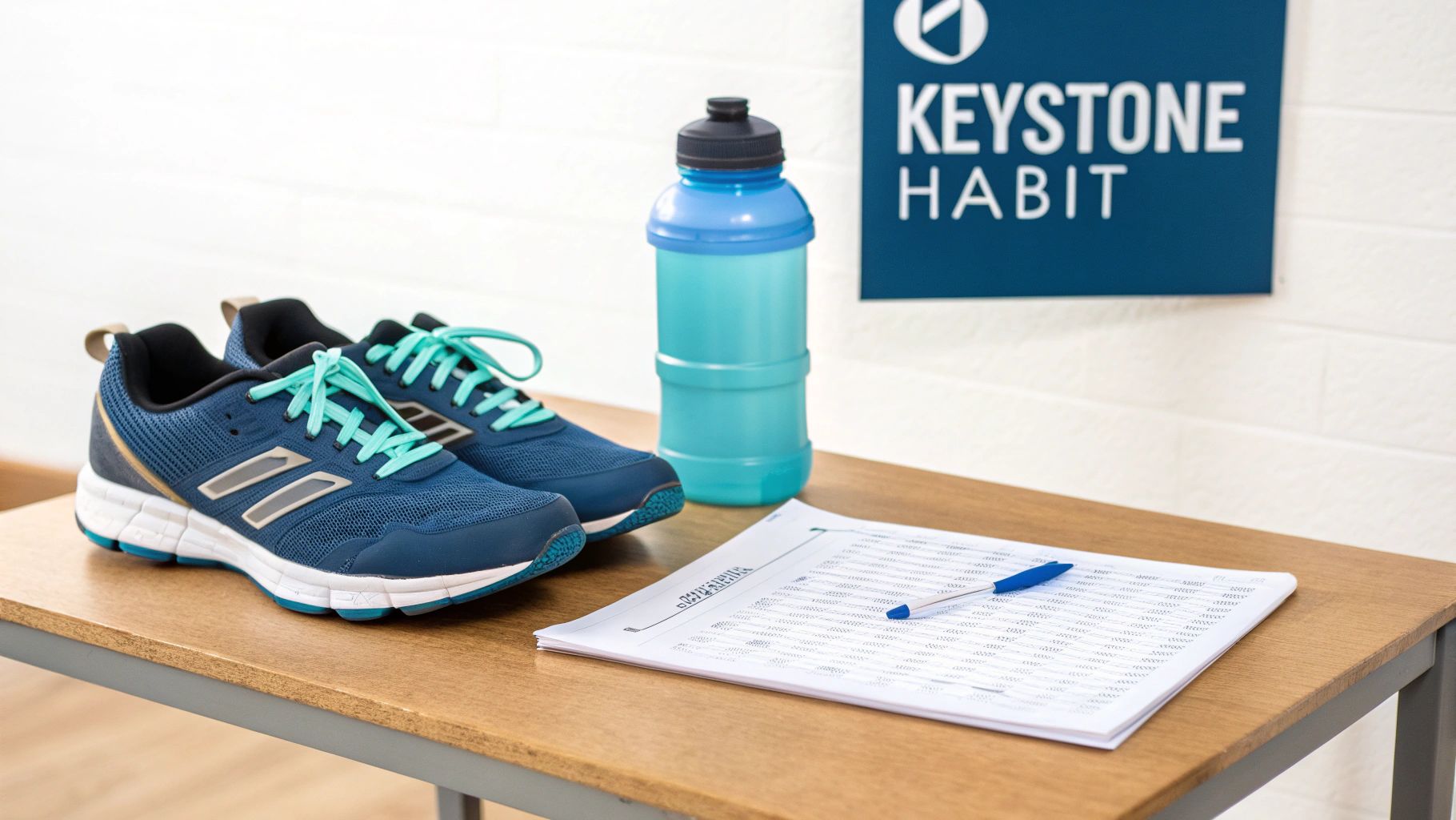 Blue running shoes, a water bottle, papers, and a pen on a wooden table with a 'Keystone Habit' sign.