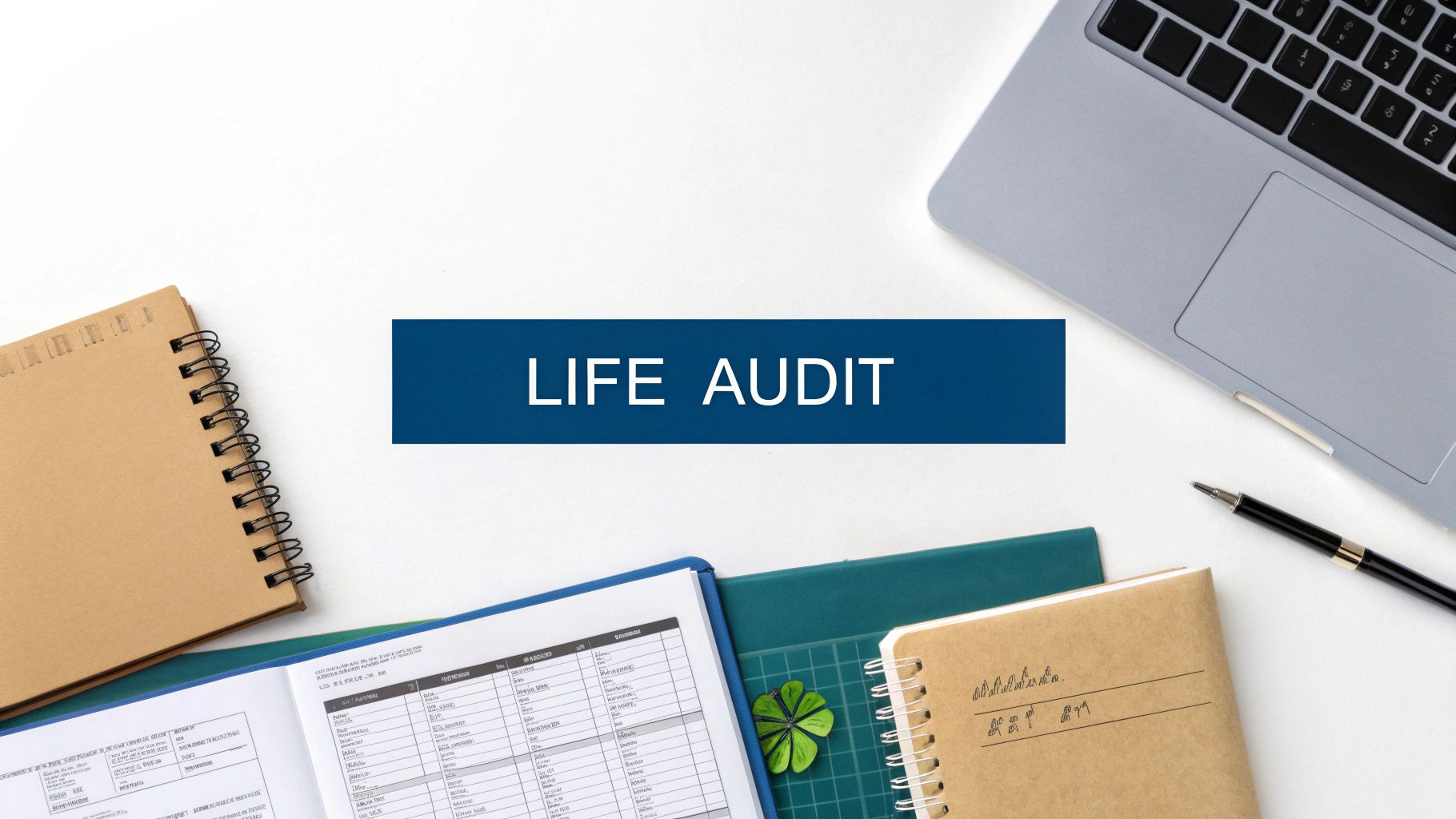 A white desk with notebooks, a laptop, and a pen, centered around a 'LIFE AUDIT' banner.