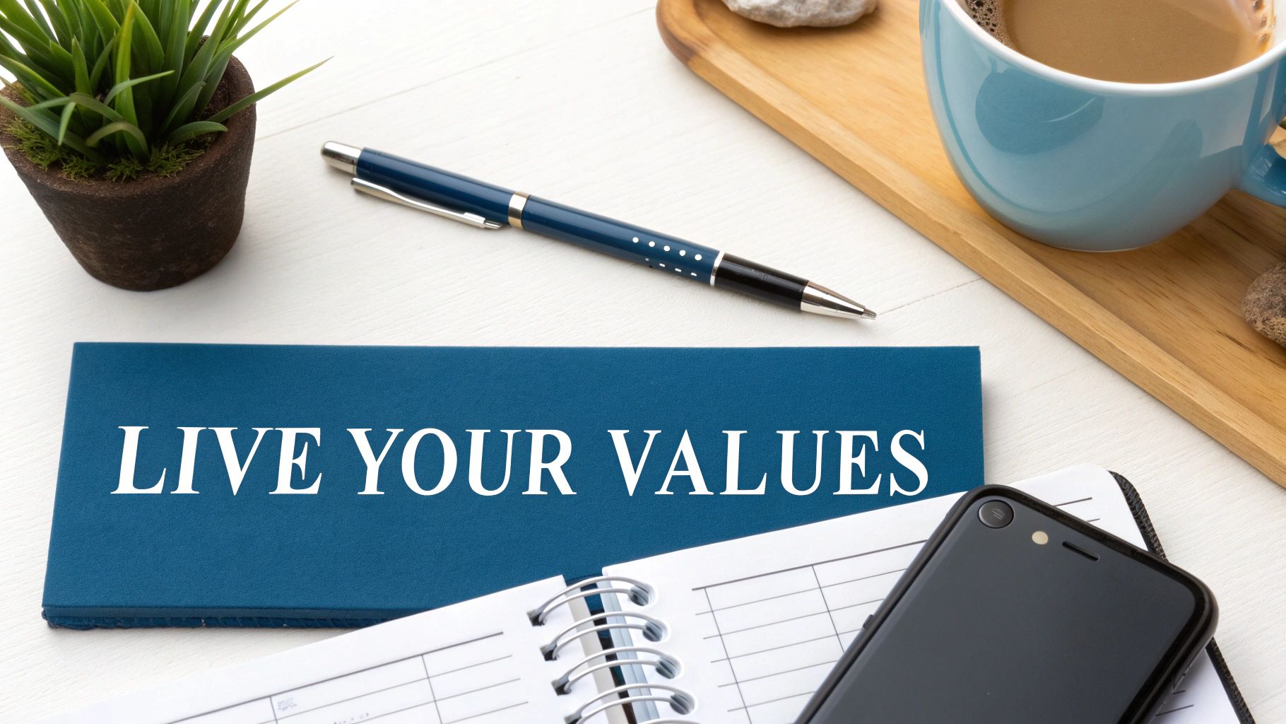 Blue motivational card reading live your values on desk with coffee, notebook, pen and plant