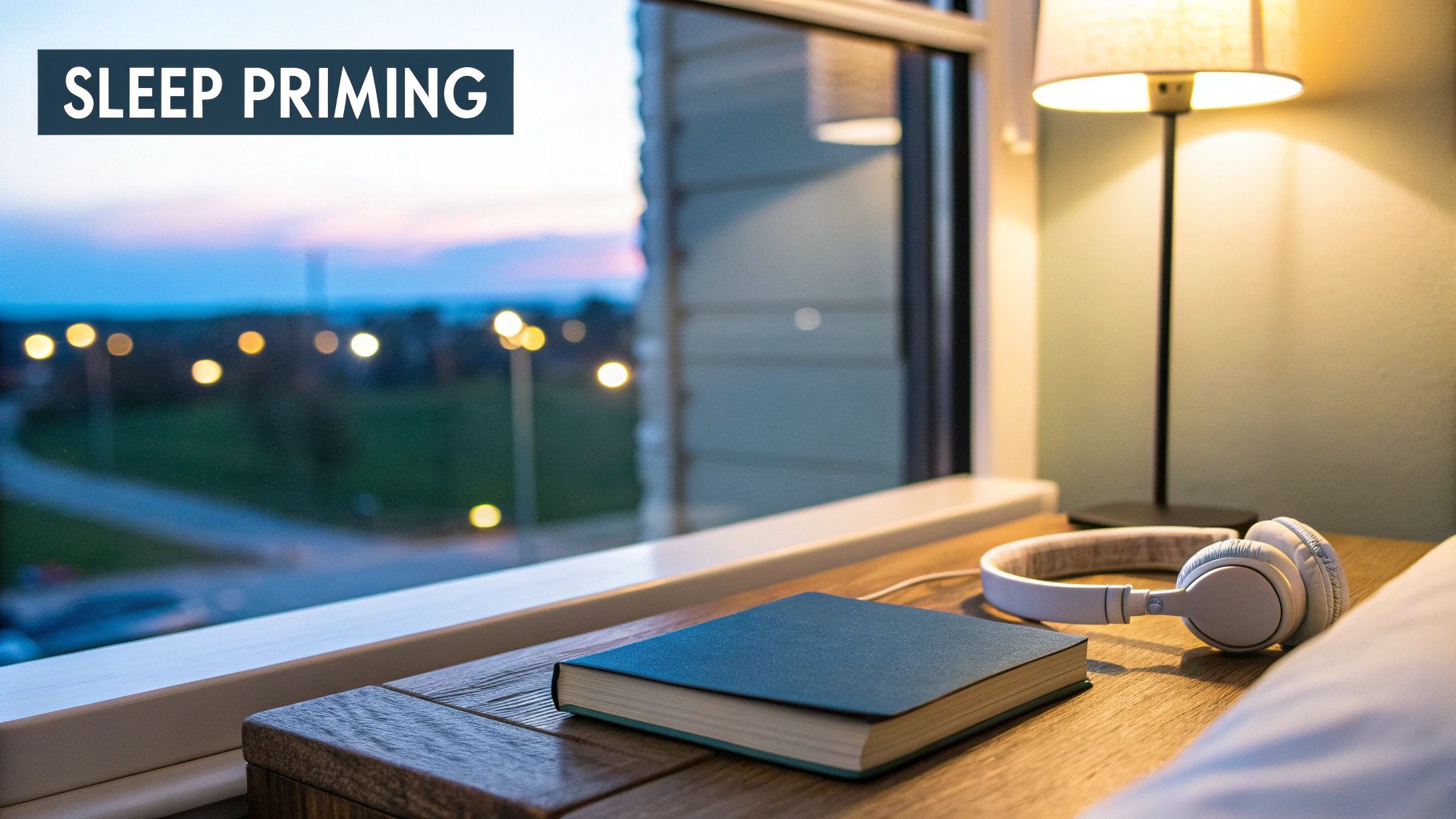 A bedside table with a book, headphones, and a lit lamp, overlooking an evening street.