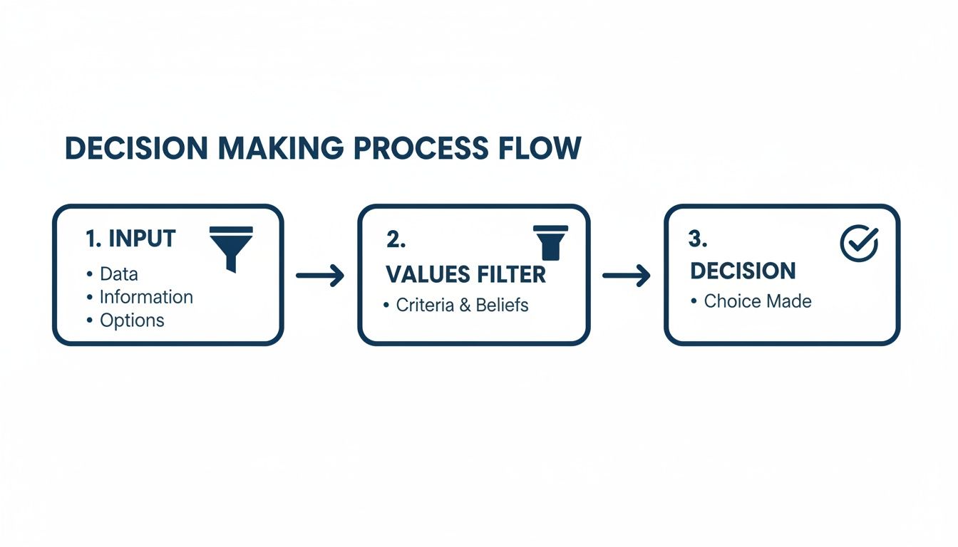 Flowchart illustrating the decision-making process from input data through values filtering to a final choice.