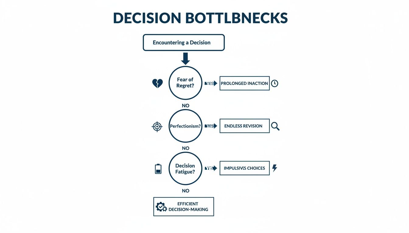 Flowchart illustrating common decision bottlenecks like fear of regret, perfectionism, and fatigue.