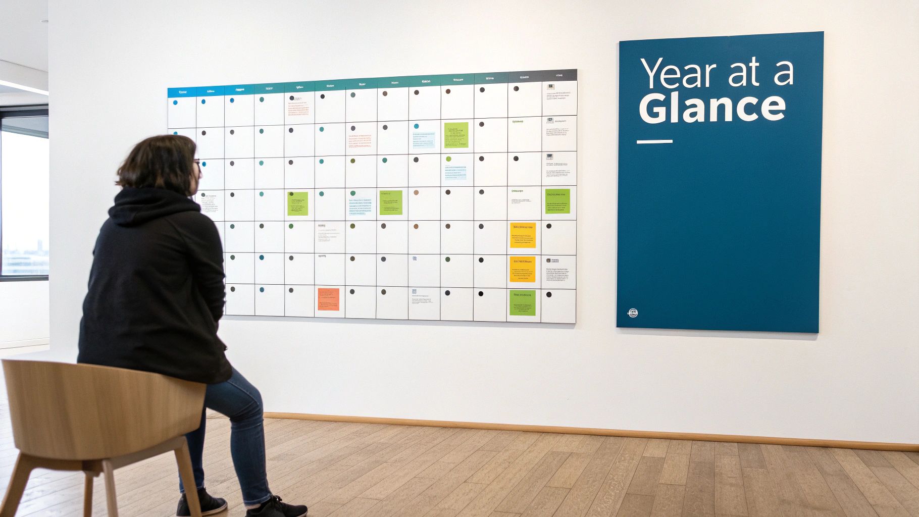A person sits on a wooden chair, looking at a large wall calendar with colorful notes and a blue 'Year at a Glance' board in an office.