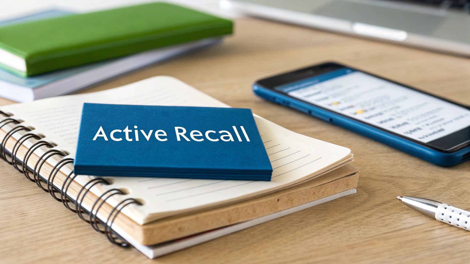 Blue 'Active Recall' cards on a spiral notebook with a smartphone and pen on a wooden desk.