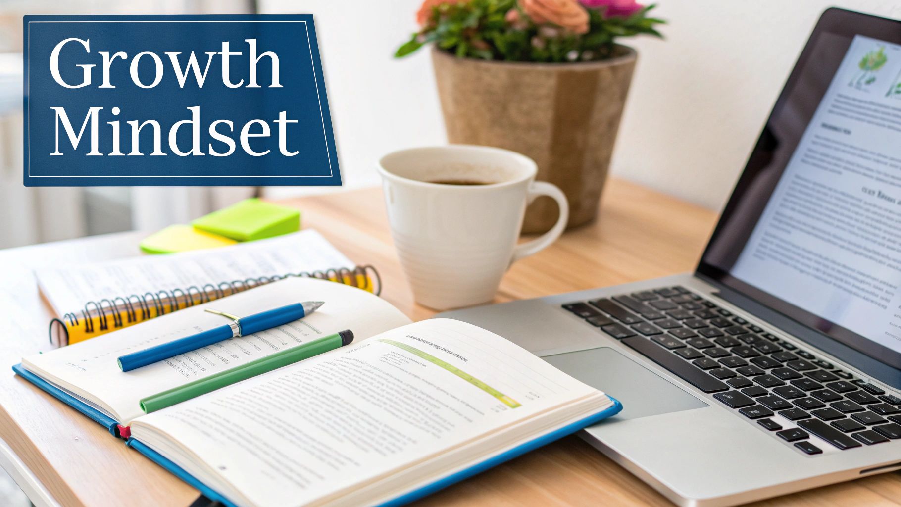 An inspiring image of a personal workspace with a laptop, books, coffee, and a 'Growth Mindset' sign.