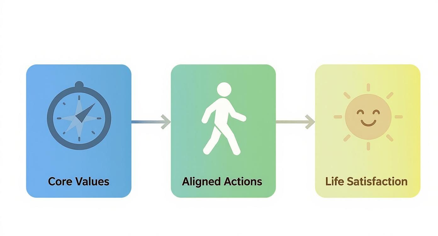 Three-step diagram showing core values leading to aligned actions resulting in life satisfaction and happiness