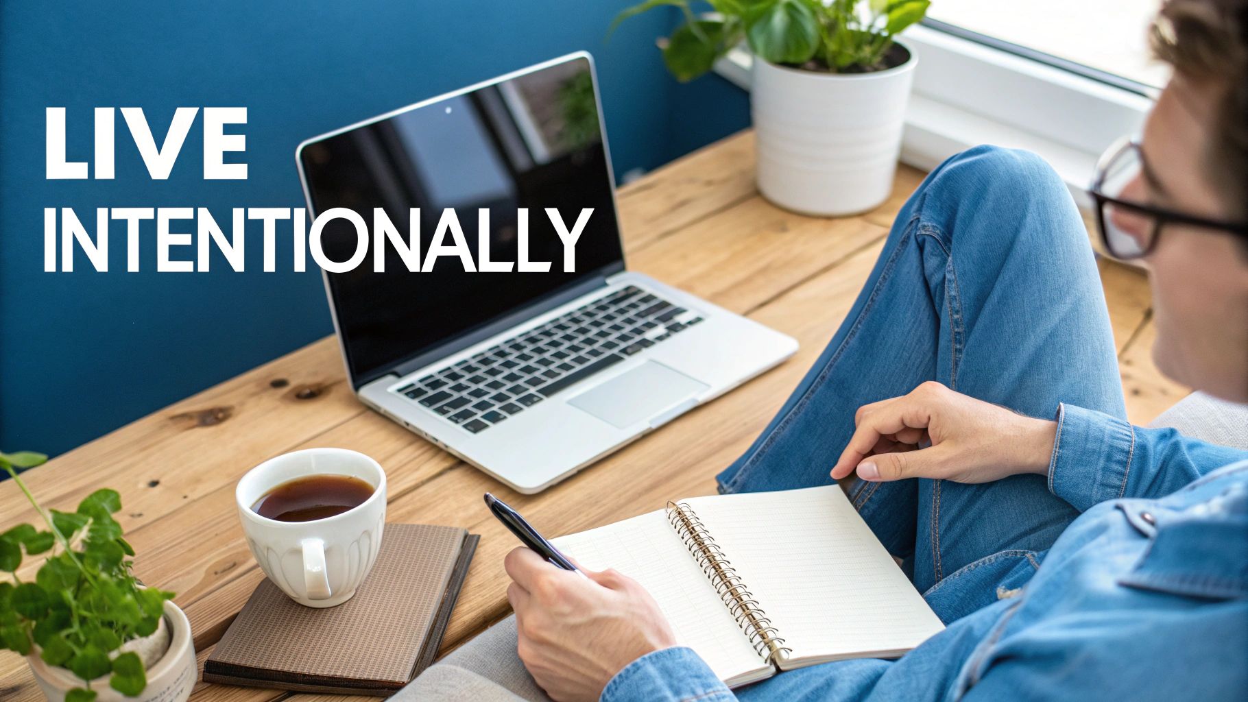 A person writing in a notebook near a laptop, coffee, and plant, with 'LIVE INTENTIONALLY' text.