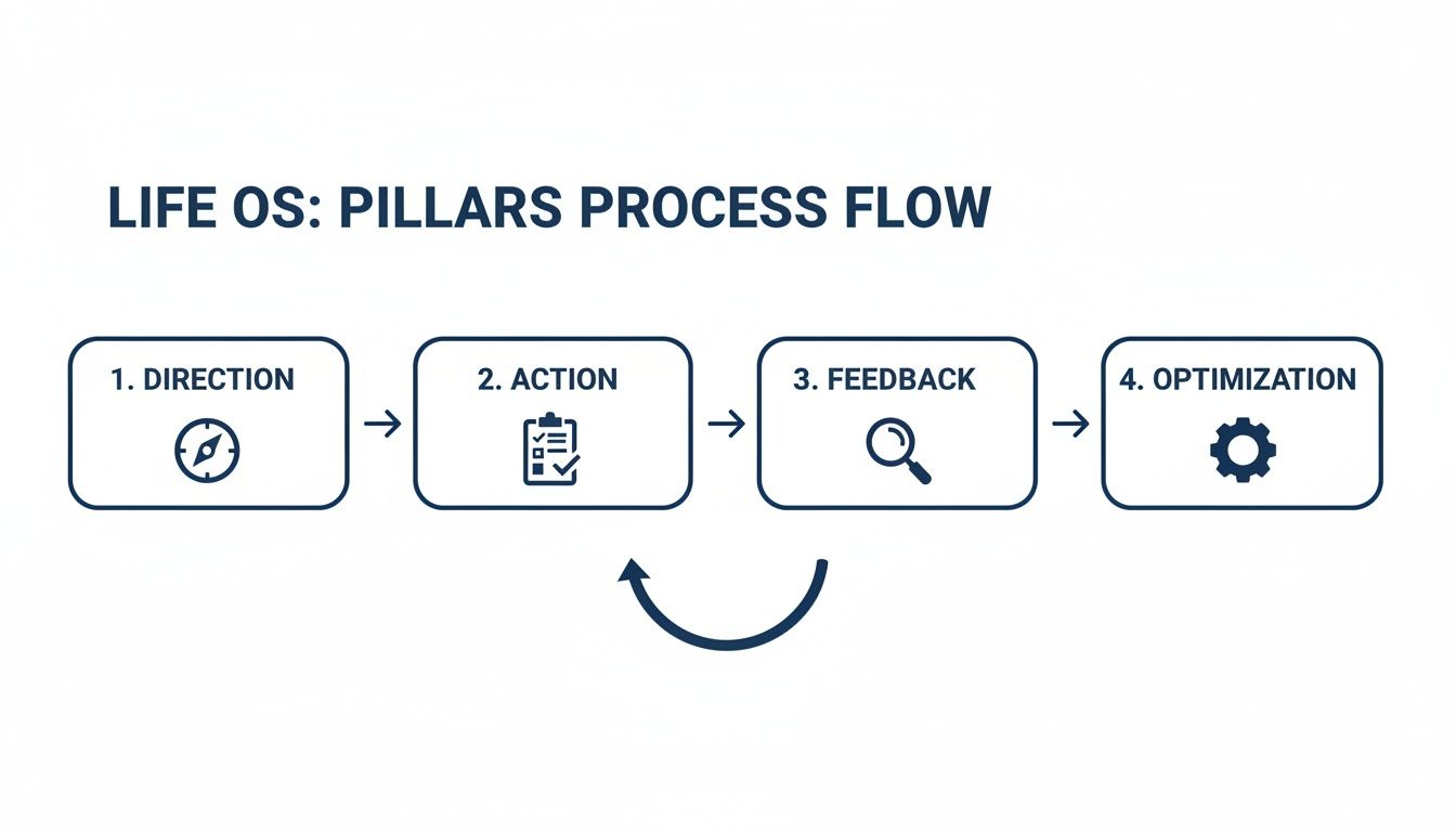 Diagram illustrating the 'Life OS' process flow with Direction, Action, Feedback, and Optimization pillars.