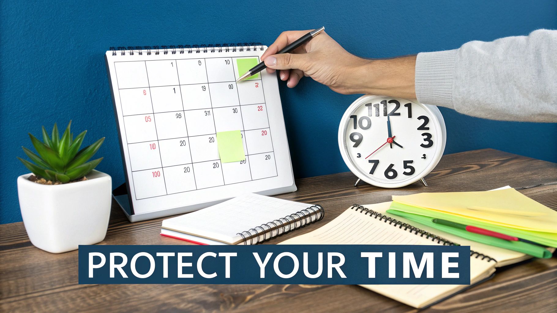 A hand marking a desk calendar with a pen, surrounded by a clock, plant, and notebooks, with the text 'PROTECT YOUR TIME'.