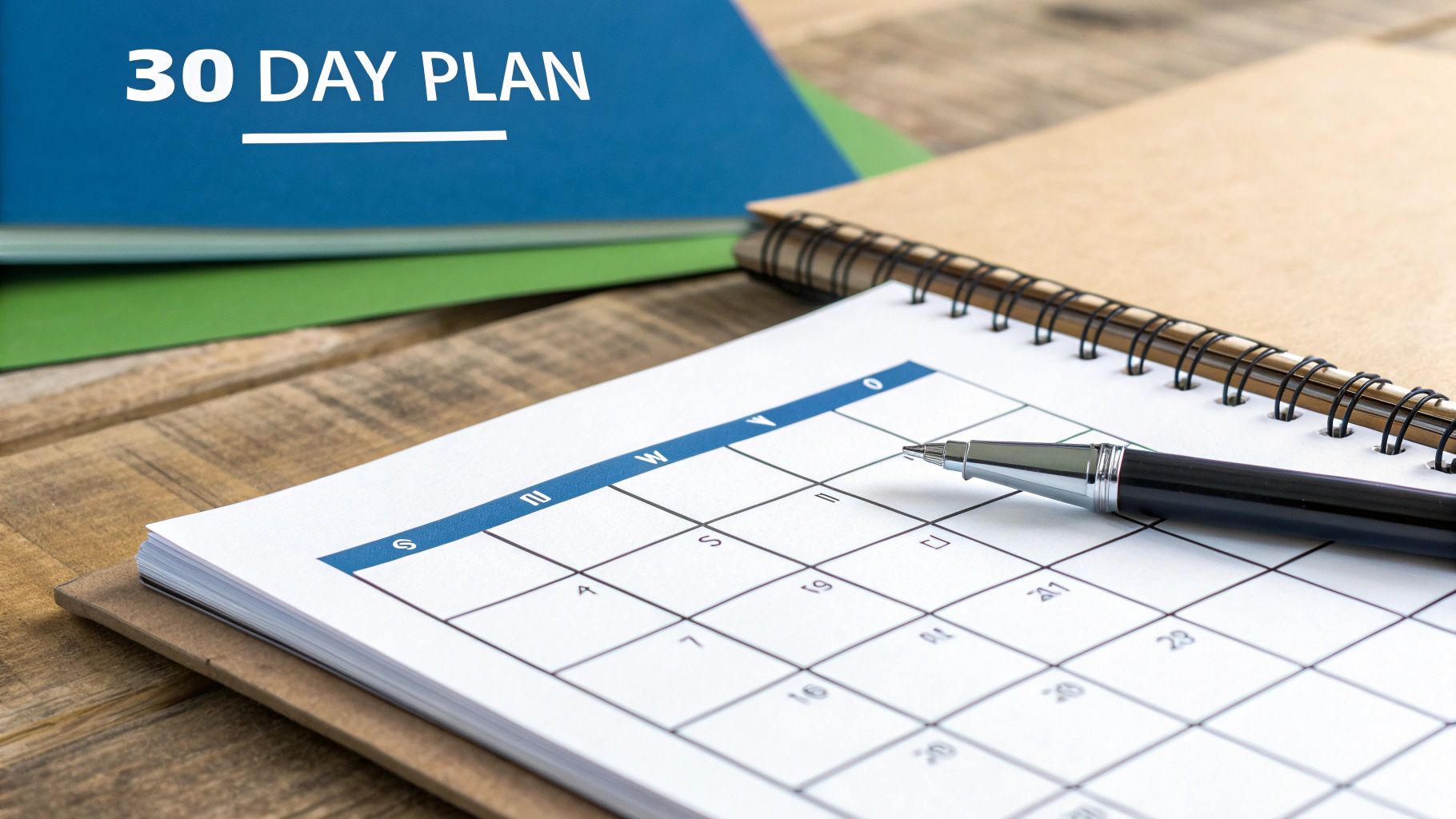 A '30 DAY PLAN' written on a blue notebook, next to a calendar and pen on a wooden desk.