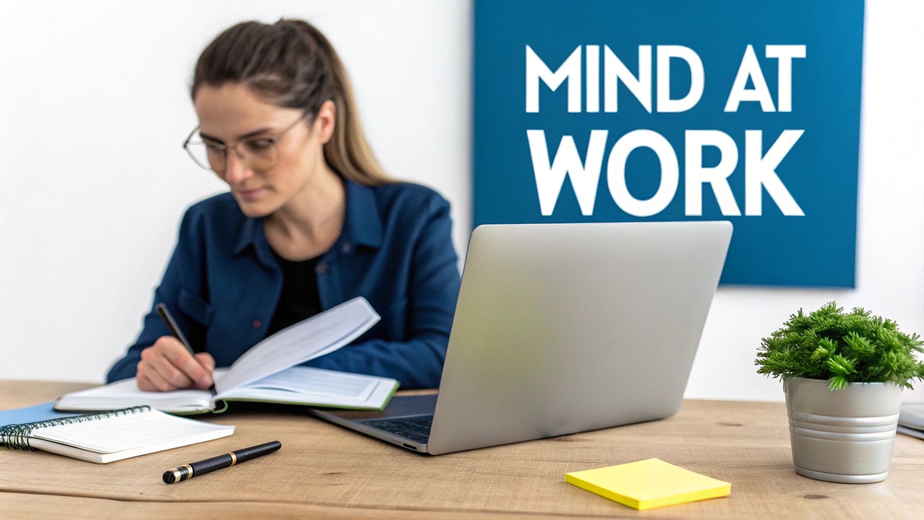 A focused woman in glasses writes in a notebook at a desk with a laptop, under a "MIND AT WORK" sign.