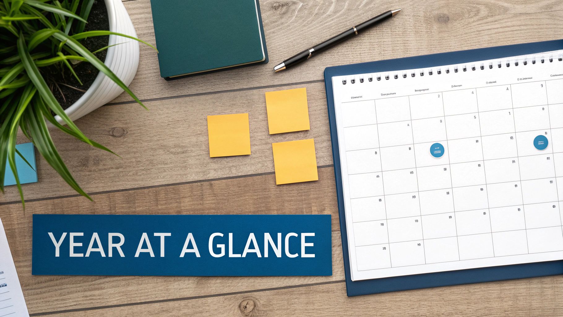 Overhead view of a calendar, sticky notes, and 'YEAR AT A GLANCE' sign on a wooden desk.