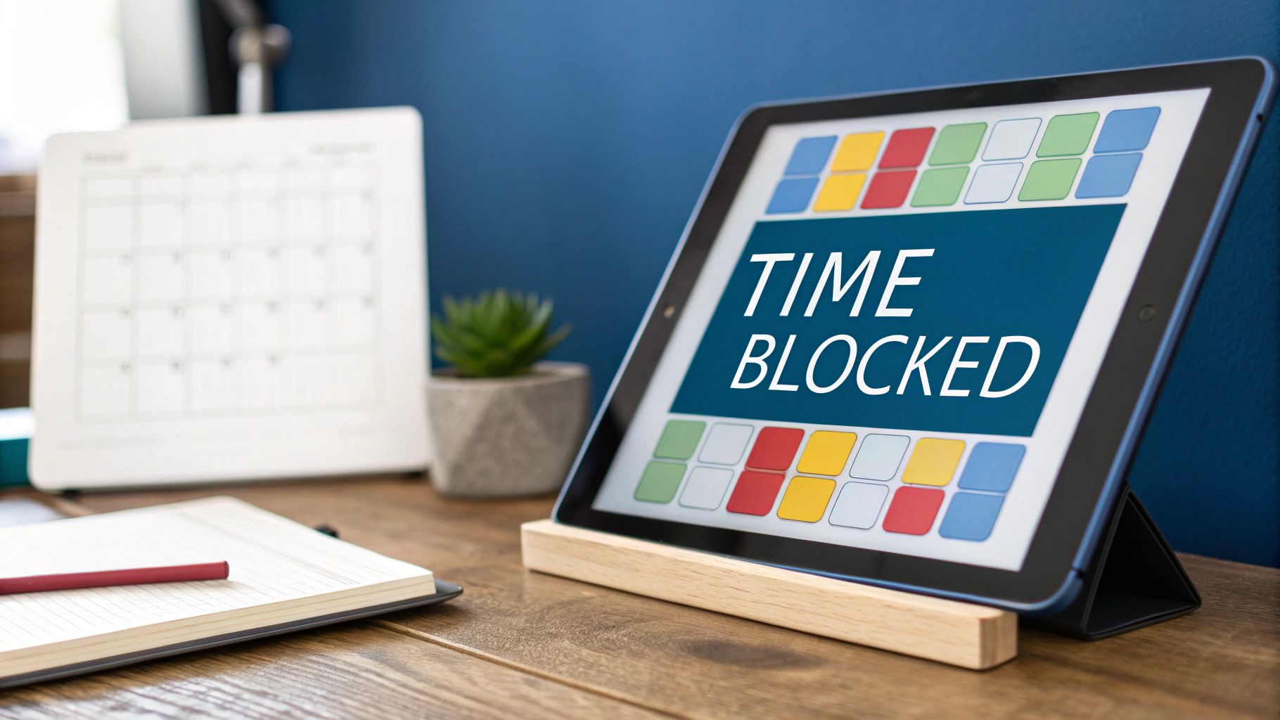 A tablet on a wooden desk displaying 'TIME BLOCKED' with a calendar and notebook nearby.