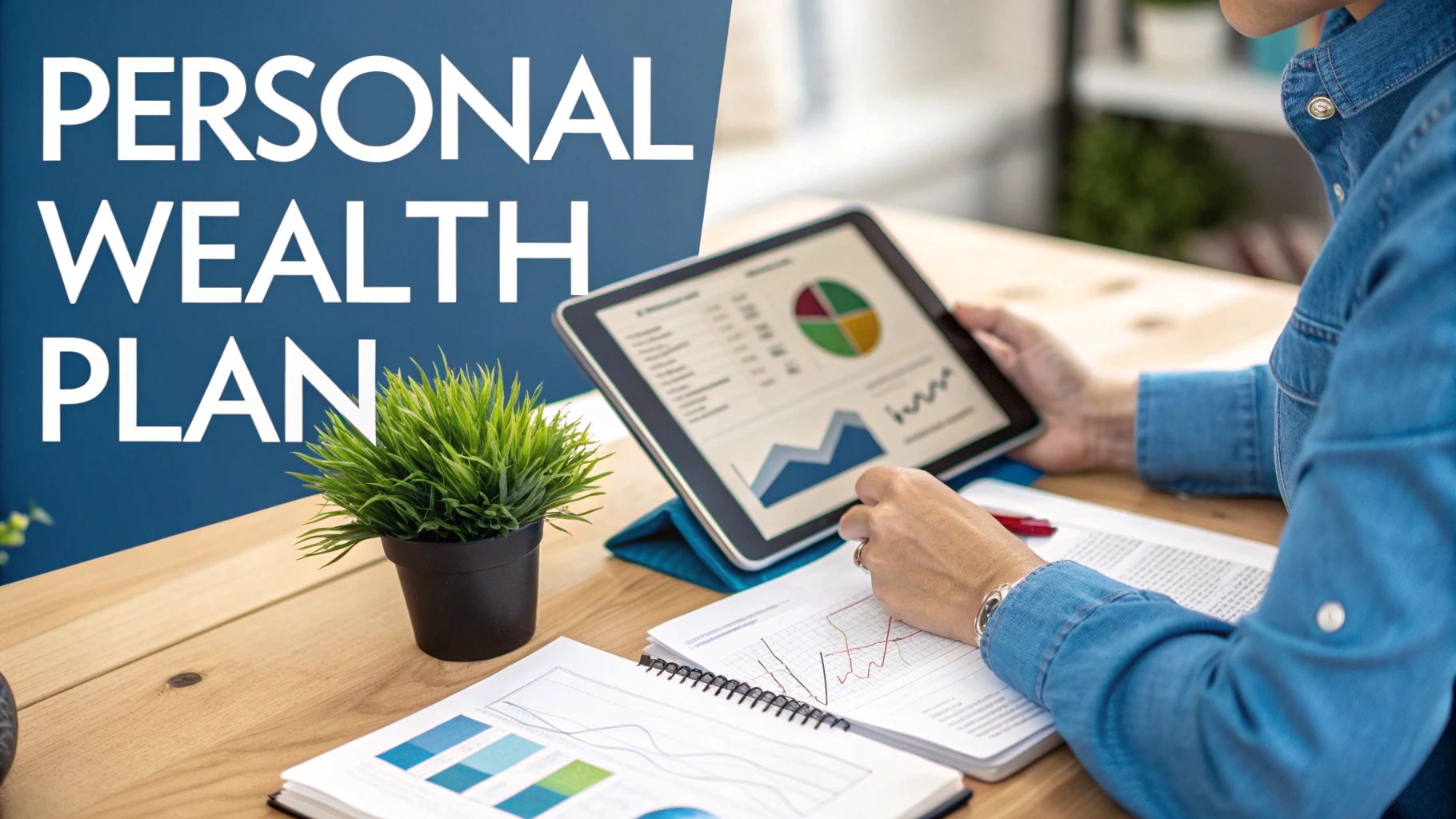A person reviews a 'PERSONAL WEALTH PLAN' on a tablet and paper, analyzing financial charts and graphs.